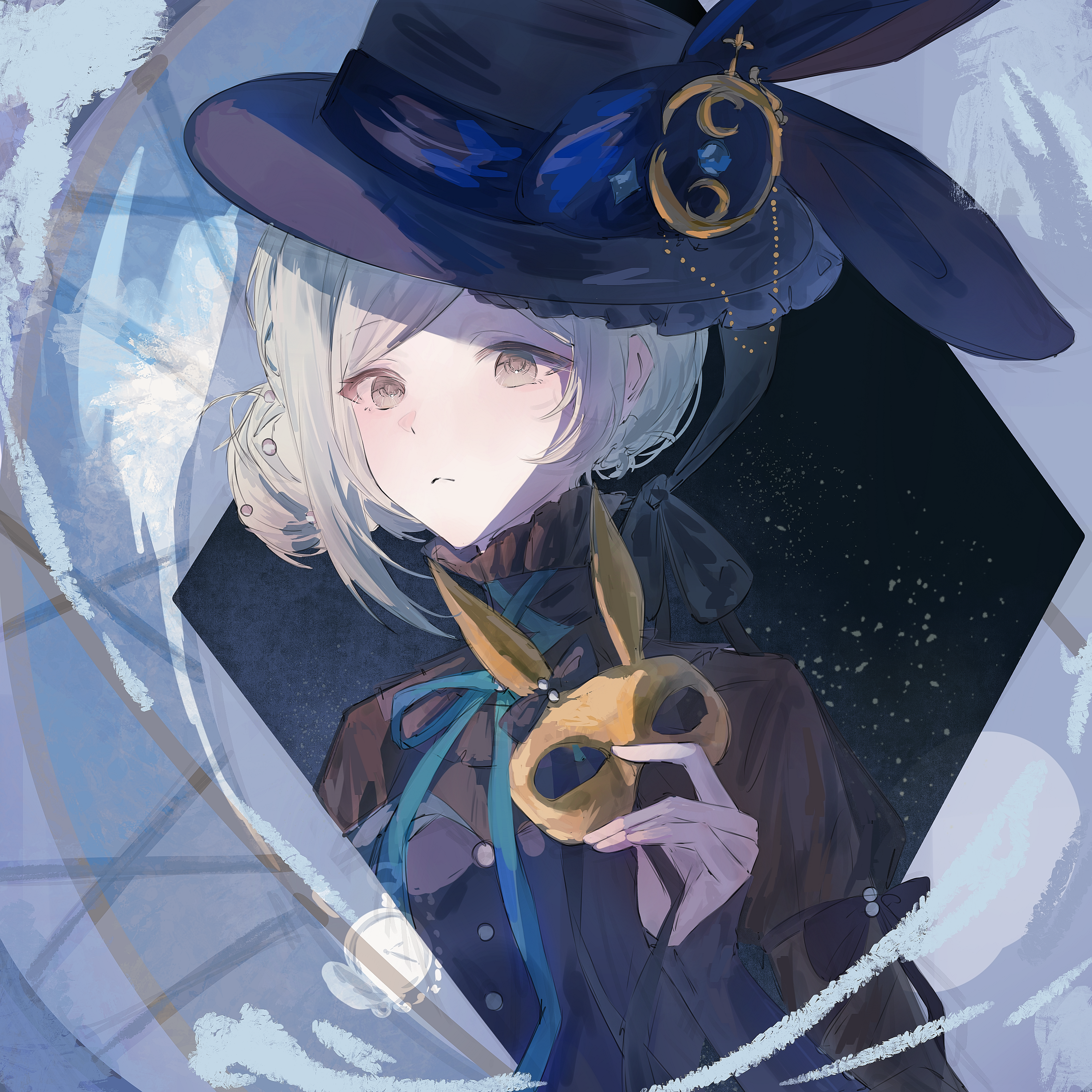 vertin (reverse:1999), reverse:1999, absurdres, highres, 1girl, :<, black background, black dress, black hat, blue ribbon, boater hat, dress, grey eyes, grey hair, hair bun, hand up, hat, hat ornament, high collar, holding, holding mask, mask, neck ribbon, official alternate costume, rabbit hat ornament, ribbon, short hair, single side bun, solo, unworn mask, upper body, xianqianning