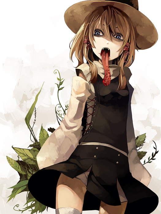 riku (artist), riku (wana), moriya suwako, touhou, 1girl, alternate color, blonde hair, blood, blue eyes, creepy, fangs, female focus, hat, horror (theme), long tongue, solo, thighhighs, tongue, tongue out