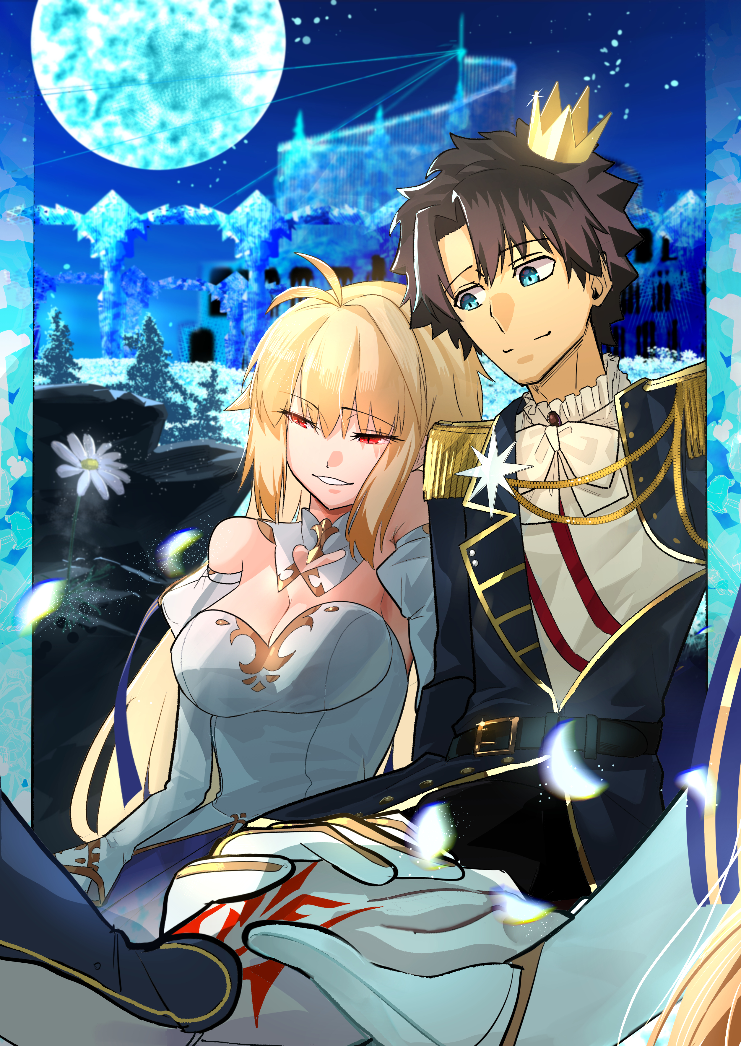 mor (morfowfow), archetype earth, arcueid brunestud, fujimaru ritsuka (male), fujimaru ritsuka (male) (halloween royalty), fate/grand order, fate (series), absurdres, highres, 1boy, 1girl, aiguillette, antenna hair, bare shoulders, black hair, blonde hair, blue eyes, blue gloves, blue jacket, breasts, cleavage, command spell, crown, detached sleeves, dress, epaulettes, full moon, gloves, jacket, large breasts, long hair, long sleeves, mini crown, moon, official alternate costume, princess outfit, red eyes, short hair, smile, solo, strapless, strapless dress, very long hair, white dress, white gloves