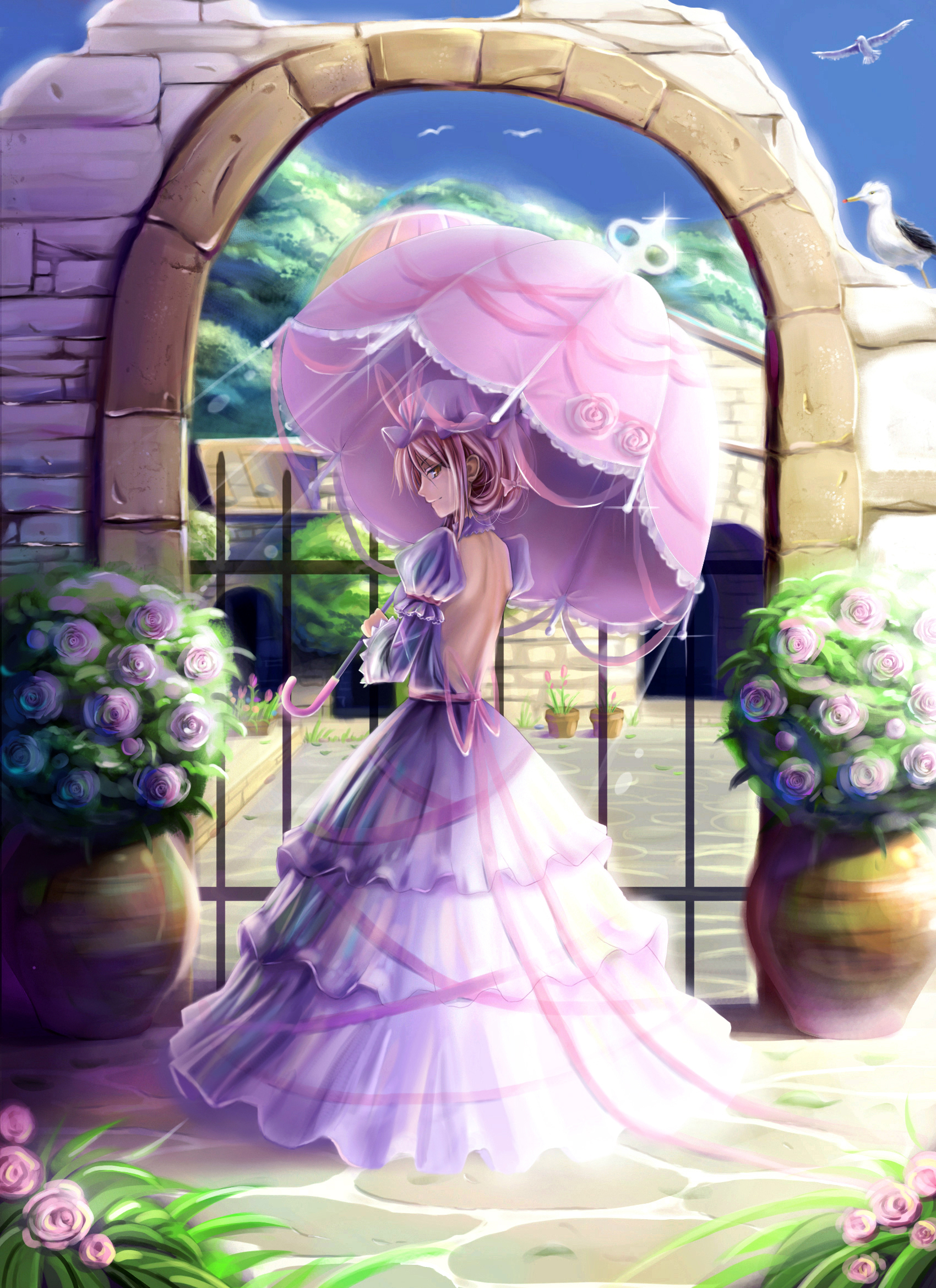 saber 01, yakumo yukari, touhou, highres, 1girl, back, bare back, bird, dress, female focus, flower, gate, hat, looking back, parasol, purple flower, purple rose, rose, seagull, solo, sunlight, umbrella