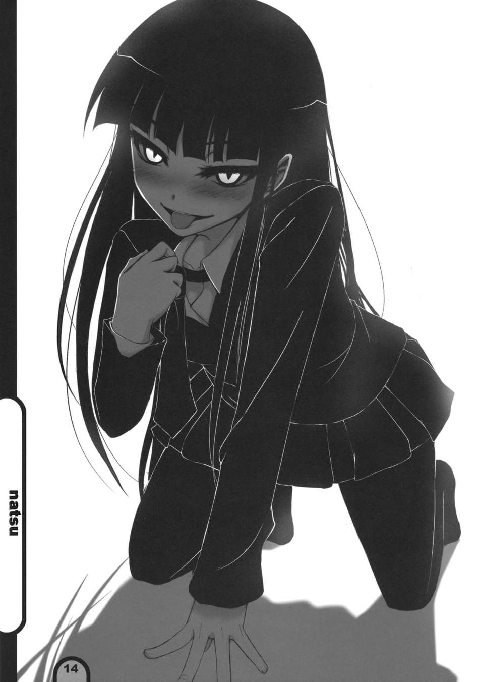 aoi manabu, female protagonist (houkago play), houkago play, highres, 1girl, all fours, black hair, blazer, blunt bangs, blush, female focus, foreshortening, greyscale, hime cut, jacket, long hair, miniskirt, monochrome, naughty face, necktie, pantyhose, pleated skirt, school uniform, sidelocks, simple background, skirt, slit pupils, smile, solo, tongue, undressing, very long hair