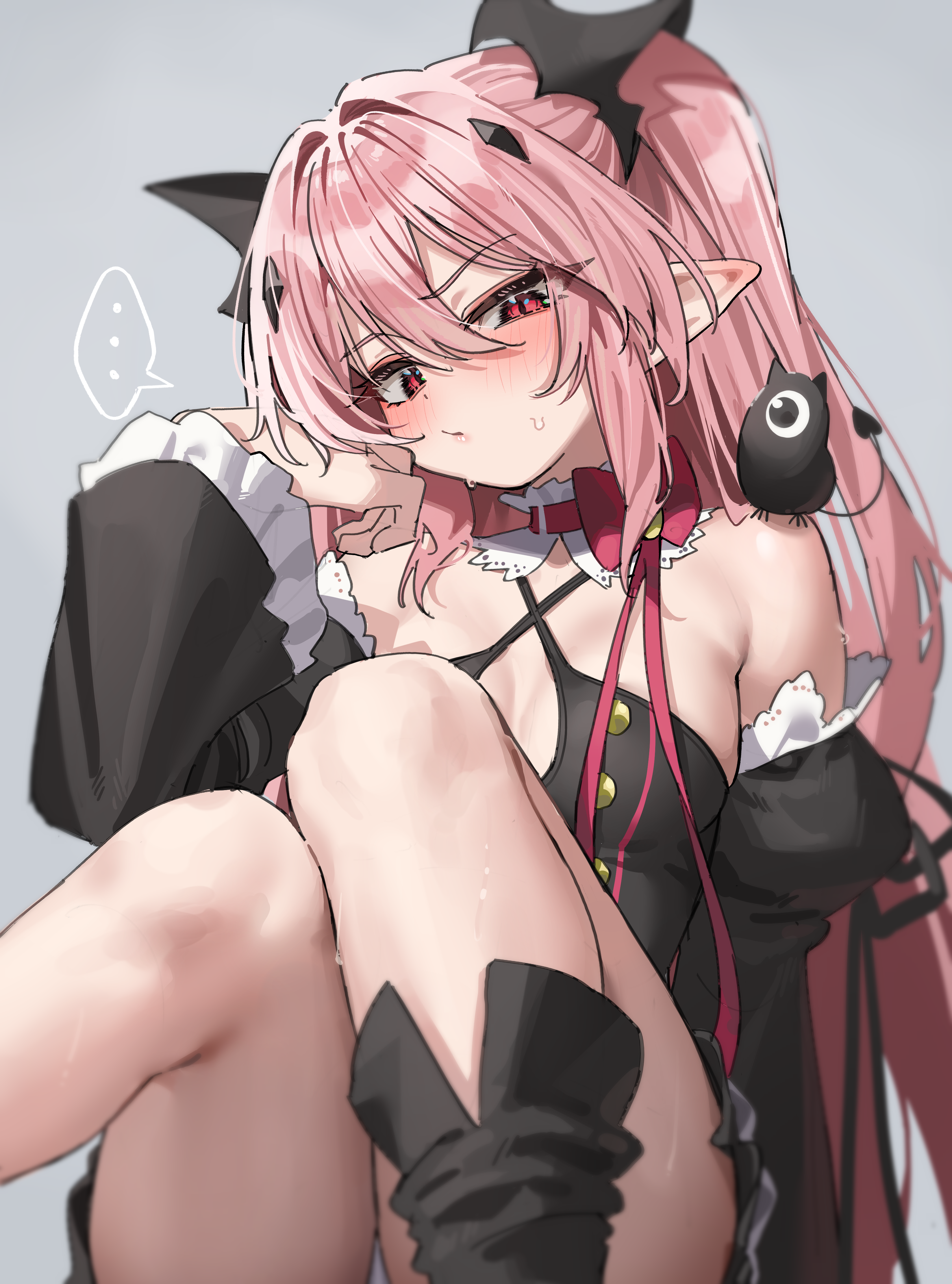 green tea (matchaistasty), krul tepes, owari no seraph, absurdres, highres, 1girl, black dress, blush, breasts, collar, detached collar, detached sleeves, dress, frilled collar, frilled dress, frilled sleeves, frills, long hair, looking at viewer, panties, pink hair, pointy ears, red eyes, sitting, skindentation, small breasts, solo, sweatdrop, underwear, vampire, very long hair, white panties
