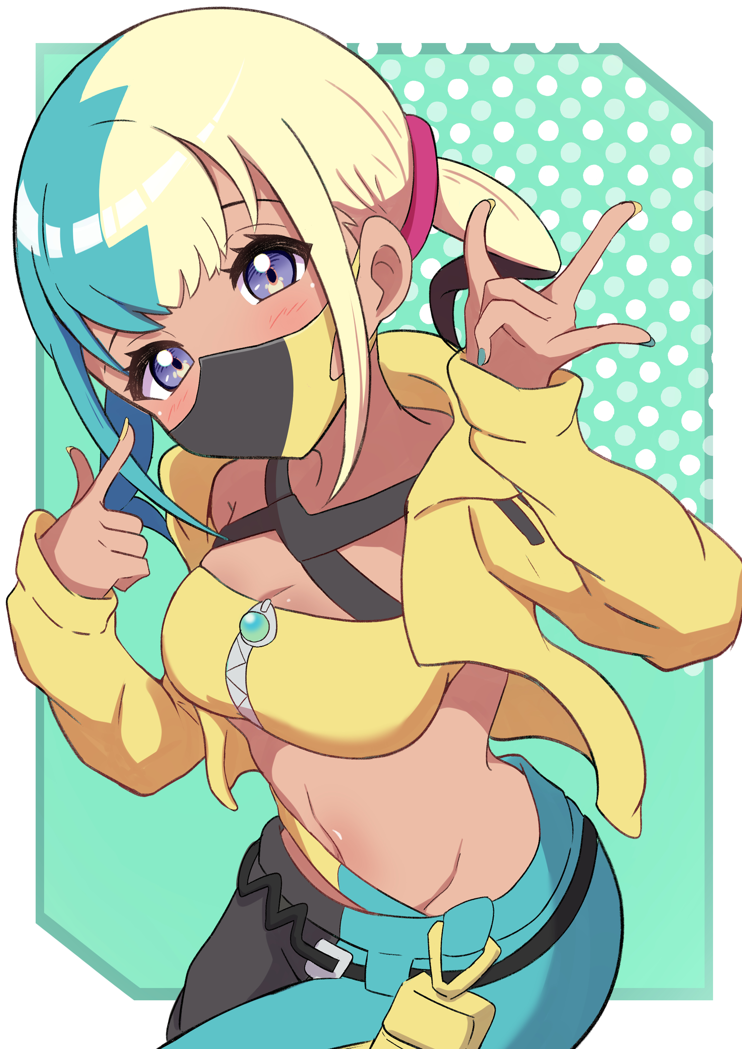 rono (lethys), canari (pokemon), nintendo, pokemon, absurdres, commentary, highres, 1girl, aqua background, aqua hair, aqua nails, aqua pants, bandeau, black hair, black mask, black pants, blonde hair, blue eyes, blush, breasts, cleavage, dark-skinned female, dark skin, fingernails, jacket, long sleeves, looking at viewer, mask, medium breasts, mouth mask, multicolored hair, nail polish, navel, pants, polka dot, polka dot background, solo, two-tone mask, two-tone pants, yellow bandeau, yellow jacket, yellow mask