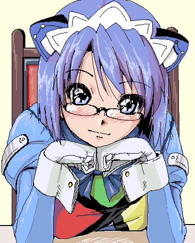 keraton, 2k-tan, os-tan, lowres, 1girl, blue eyes, blue hair, blush, female focus, glasses, gloves, head rest, matching hair/eyes, oekaki, smile, solo, white gloves