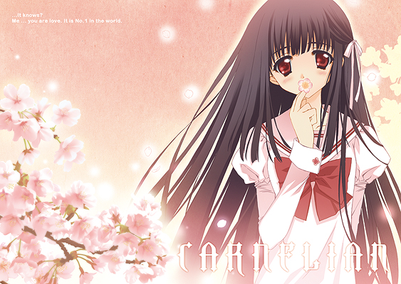 carnelian, black hair, blush, english text, engrish text, flower, long hair, ranguage, red eyes, school uniform, solo
