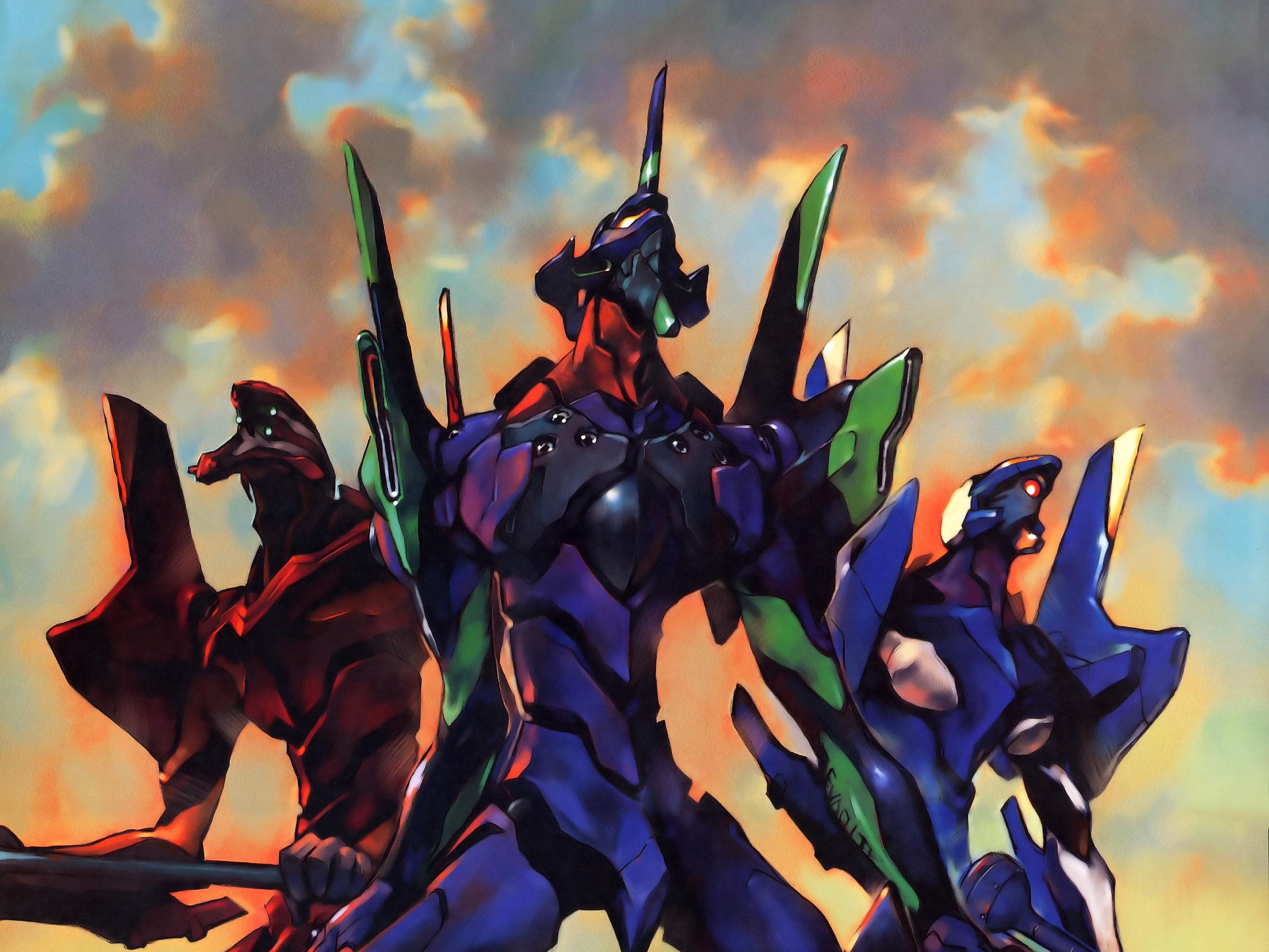 eva 00, eva 01, eva 02, neon genesis evangelion, highres, cloud, cowboy shot, lance, mecha, outdoors, polearm, robot, sky, standing, sunset, weapon