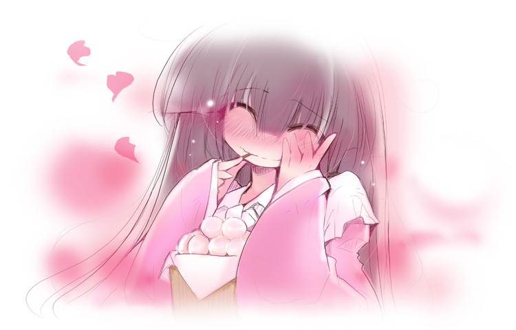 usoneko, houraisan kaguya, touhou, bad id, bad pixiv id, 1girl, ^ ^, blunt bangs, blush, closed eyes, dango, eating, female focus, food, foodgasm, happy, hime cut, long sleeves, petals, solo, upper body, wagashi, white background