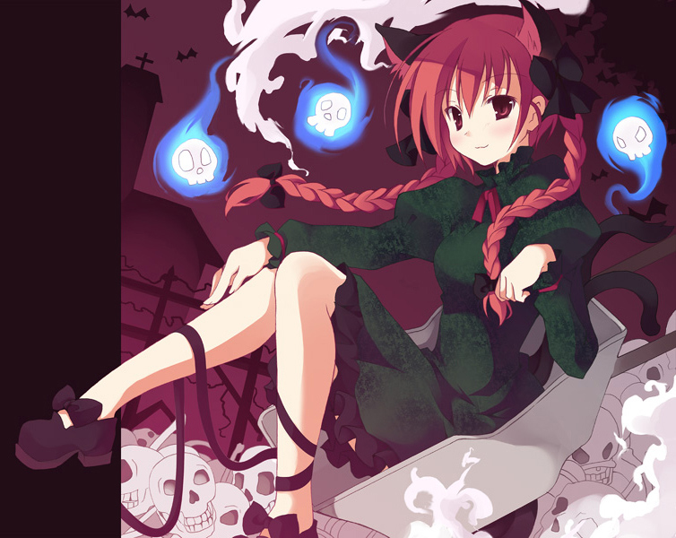 kiseki, mizuse kiseki, kaenbyou rin, touhou, 1girl, animal ears, braid, cat ears, cat girl, cat tail, female focus, multiple tails, outdoors, red hair, ribbon, sitting, solo, tail, twin braids