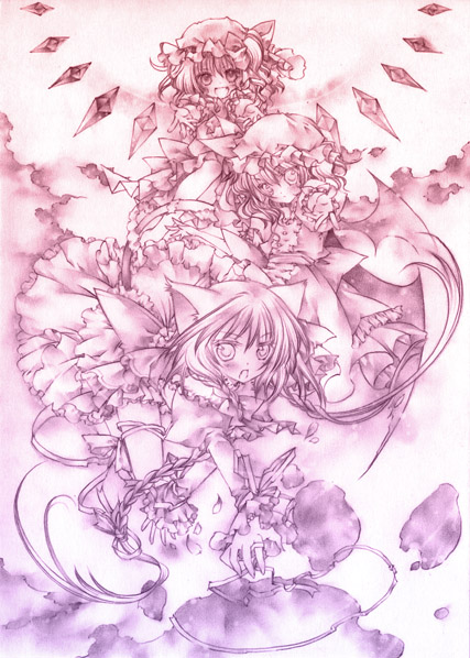 moo (umineko), flandre scarlet, izayoi sakuya, remilia scarlet, touhou, 3girls, female focus, monochrome, multiple girls, pink theme, purple theme
