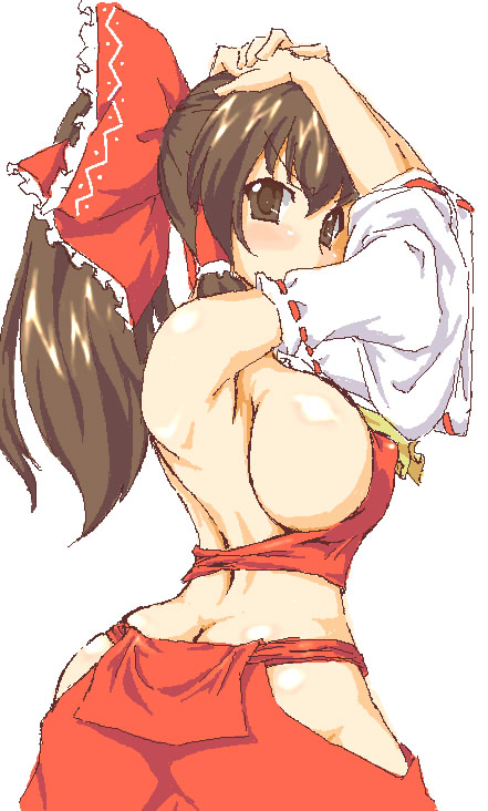 lute (apocalypselibrary), hakurei reimu, touhou, 1girl, alternate costume, arms up, ass, backboob, blush, breasts, brown eyes, brown hair, butt crack, covered erect nipples, female focus, frown, huge breasts, large breasts, no bra, no panties, oekaki, sideboob, solo