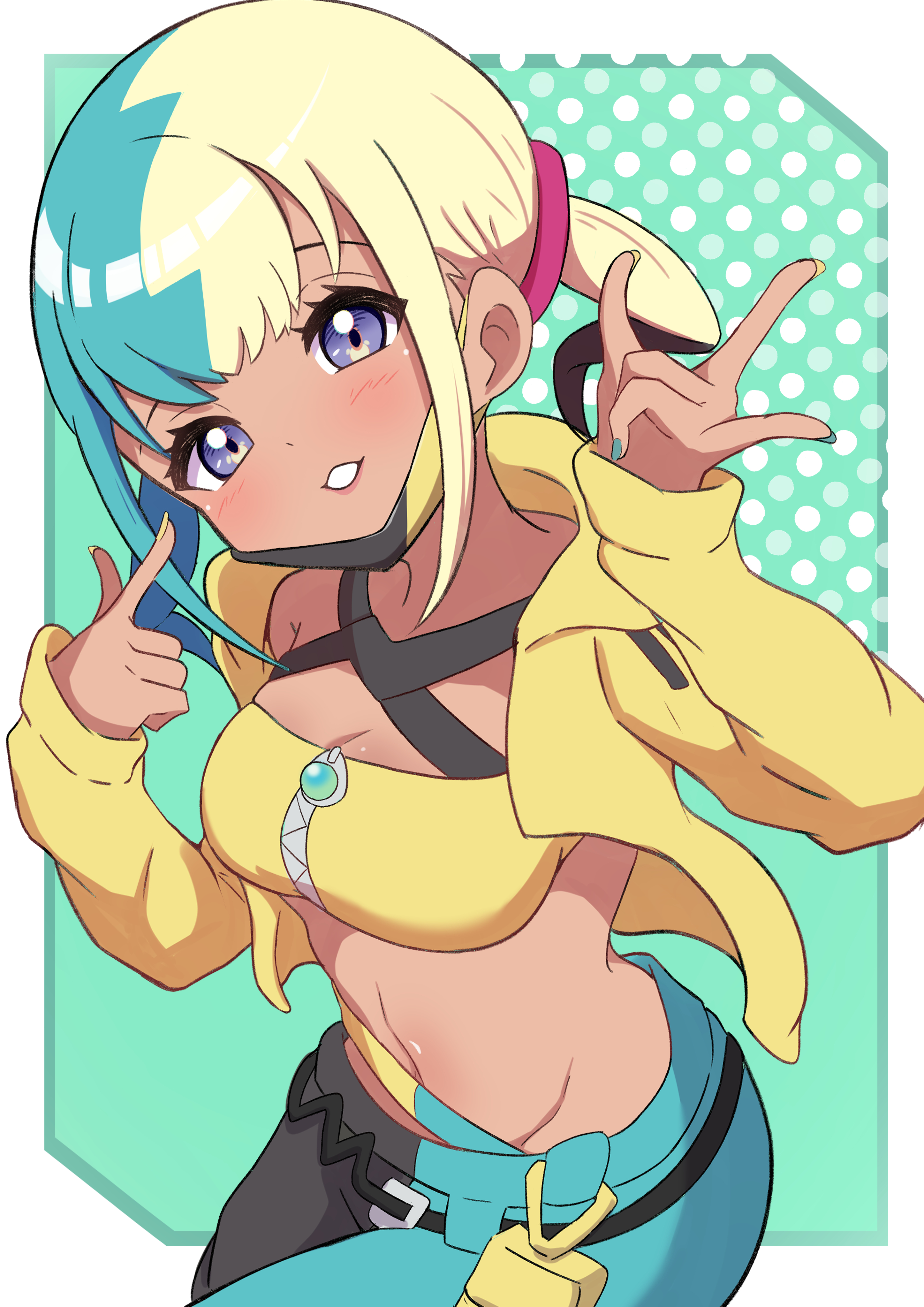 rono (lethys), canari (pokemon), nintendo, pokemon, absurdres, commentary, highres, 1girl, aqua background, aqua hair, aqua nails, aqua pants, bandeau, black hair, black mask, black pants, blonde hair, blue eyes, blush, breasts, cleavage, dark-skinned female, dark skin, fingernails, jacket, long sleeves, looking at viewer, mask, mask pull, medium breasts, mouth mask, multicolored hair, nail polish, navel, pants, polka dot, polka dot background, smile, solo, two-tone mask, two-tone pants, yellow bandeau, yellow jacket, yellow mask