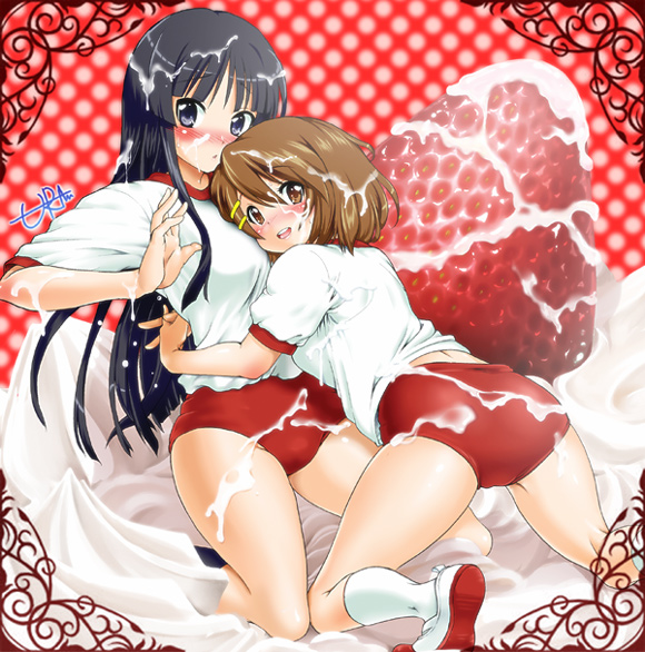 uran (uran-factory), akiyama mio, hirasawa yui, k-on!, 00s, 2girls, blush, buruma, cake, food, fruit, gym uniform, hug, icing, multiple girls, pastry, sexually suggestive, strawberry