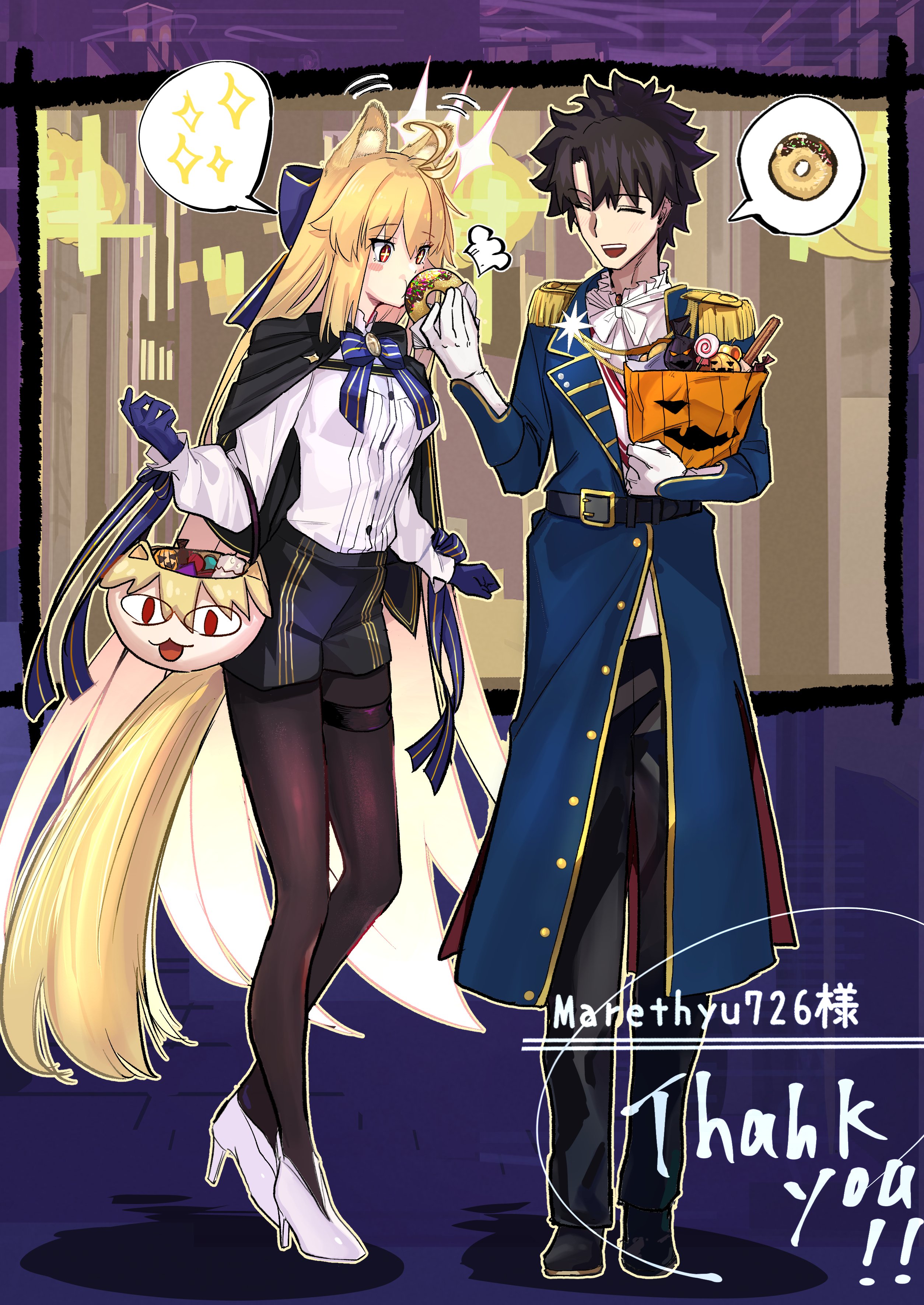 mor (morfowfow), archetype earth, archetype earth (celebratory attire), archetype earth (third ascension), arcueid brunestud, fujimaru ritsuka (male), fujimaru ritsuka (male) (halloween royalty), neco-arc, fate/grand order, fate (series), absurdres, highres, 1boy, 1girl, aiguillette, animal ear fluff, animal ears, antenna hair, black capelet, black hair, blonde hair, blue bow, blue gloves, blue jacket, blue ribbon, bow, bowtie, brown pantyhose, capelet, dress, eating, epaulettes, feeding, gloves, gold trim, holding, jacket, long hair, long sleeves, official alternate costume, pantyhose, red eyes, ribbon, shirt, short hair, side cape, smile, very long hair, white bow, white bowtie, white gloves, white shirt
