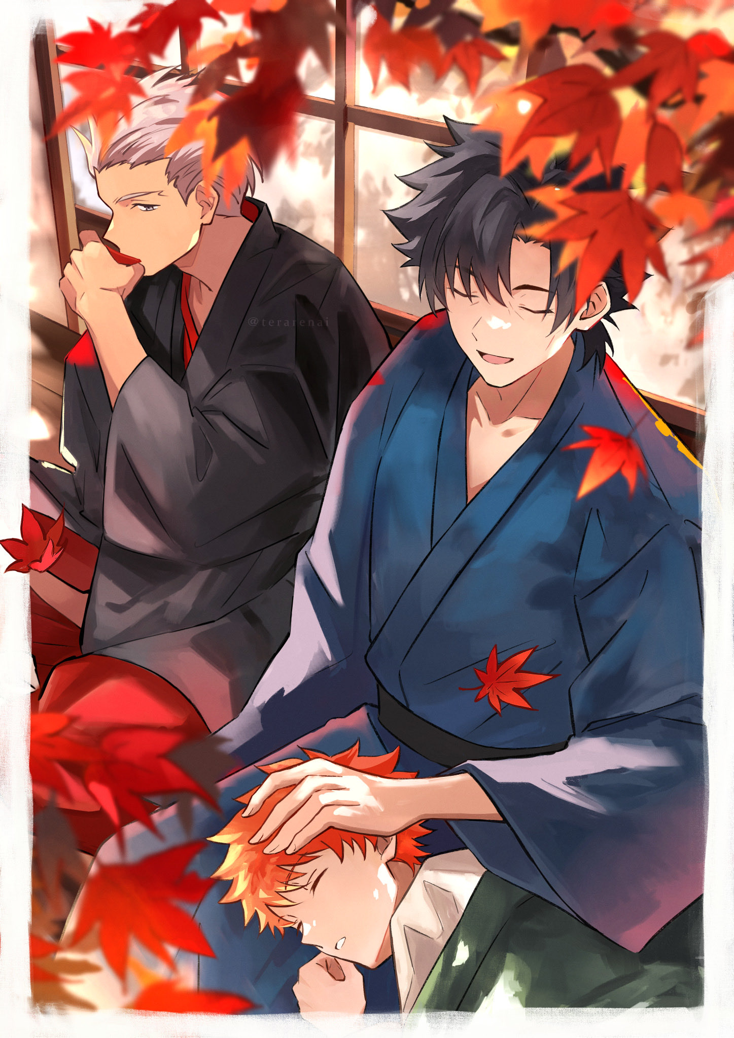 terarenai, archer (fate), emiya kiritsugu, emiya shirou, fate (series), highres, 3boys, adoptive parent and adoptive child, autumn, black hair, black kimono, blue kimono, border, closed eyes, cup, dark-skinned male, dark skin, father and son, holding, holding cup, japanese clothes, kimono, leaf, male focus, maple leaf, multiple boys, obi, on lap, orange hair, outside border, parted bangs, sash, shirt, sleeping, white border, white hair, white shirt