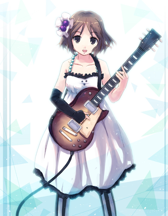 yakka, hirasawa yui, don't say "lazy", k-on!, bad id, bad pixiv id, 00s, 1girl, brown hair, dress, elbow gloves, female focus, fingerless gloves, gloves, guitar, instrument, pantyhose, short hair, solo, striped clothes, striped pantyhose, vertical-striped clothes, vertical-striped pantyhose