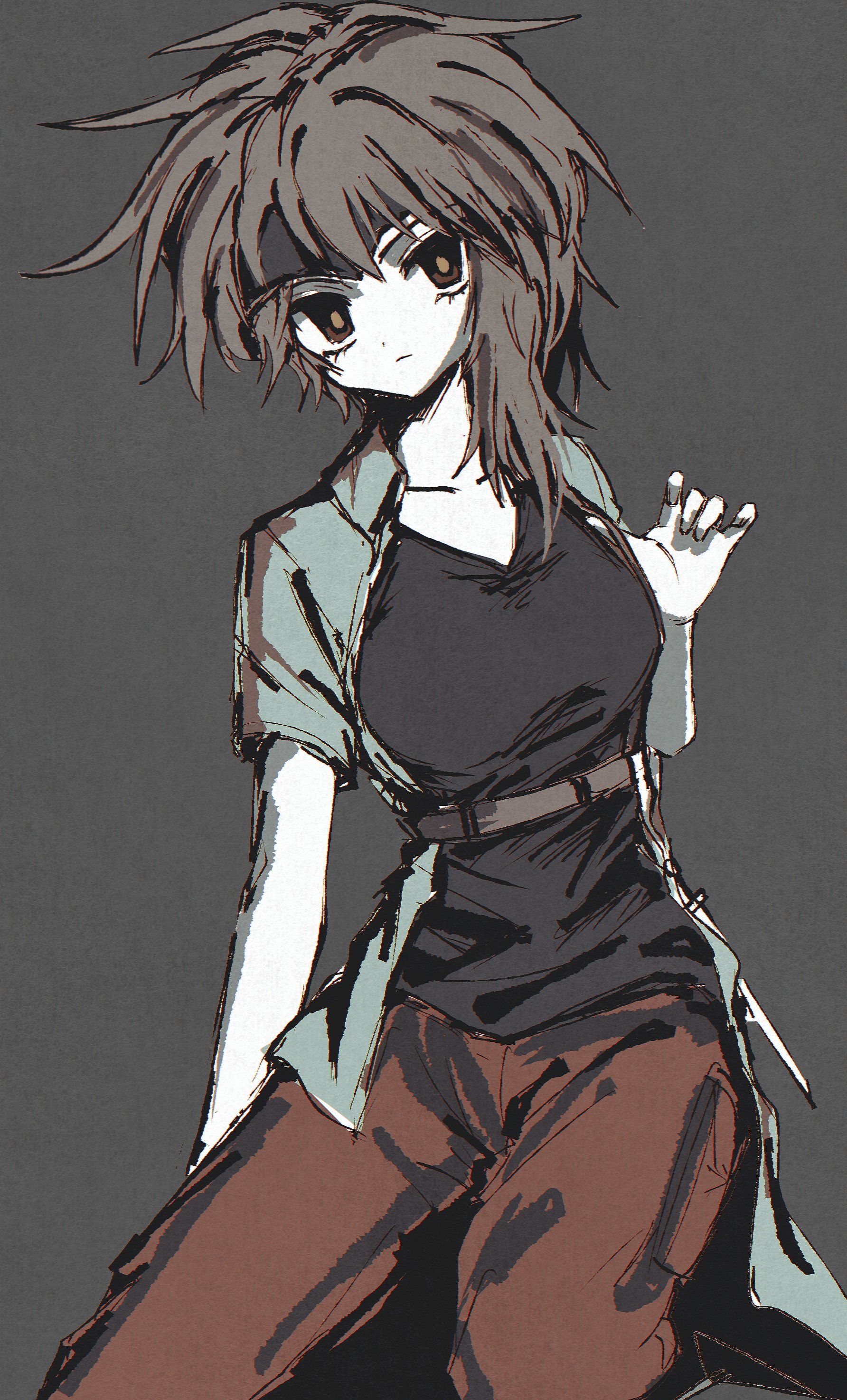 atoymk, kurohebi, len'en, absurdres, highres, 1girl, belt, black headband, black shirt, breasts, brown eyes, brown hair, coat, colored skin, cowboy shot, genderswap, genderswap (otf), green coat, grey background, headband, messy hair, pants, red pants, shirt, solo, spiked hair, white skin