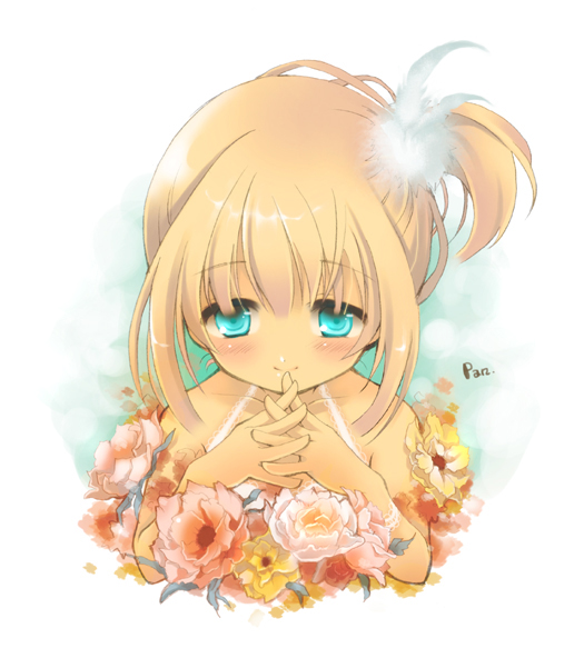pan (mimi), original, bad id, bad pixiv id, 1girl, aqua eyes, bare shoulders, blonde hair, feather hair ornament, female focus, flower, hair ornament, interlocked fingers, own hands together, side ponytail, smile, solo, upper body