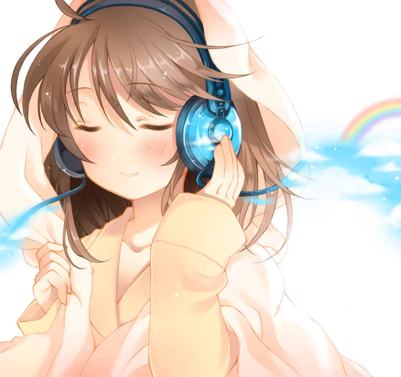 pan (mimi), original, bad id, bad pixiv id, 1girl, blush, brown hair, closed eyes, cloud, collarbone, female focus, hair between eyes, hand on headphones, hand on headwear, hands up, headphones, holding, holding towel, light smile, long sleeves, rainbow, sleeves past wrists, solo, towel, upper body