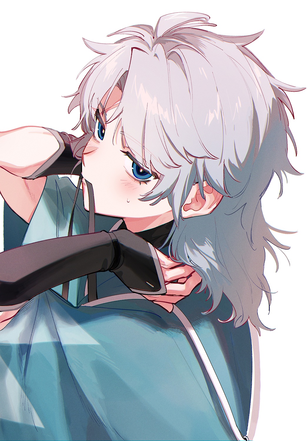 chago (aruchagos7180), toudou heisuke (fate), fate/grand order, fate (series), highres, 1boy, aqua haori, arm guards, black kimono, blue eyes, blush, hair down, haori, japanese clothes, kimono, looking at viewer, scar, scar on face, scar on forehead, simple background, solo, sweat, toudou heisuke (third ascension) (fate), turtleneck, white background, white hair