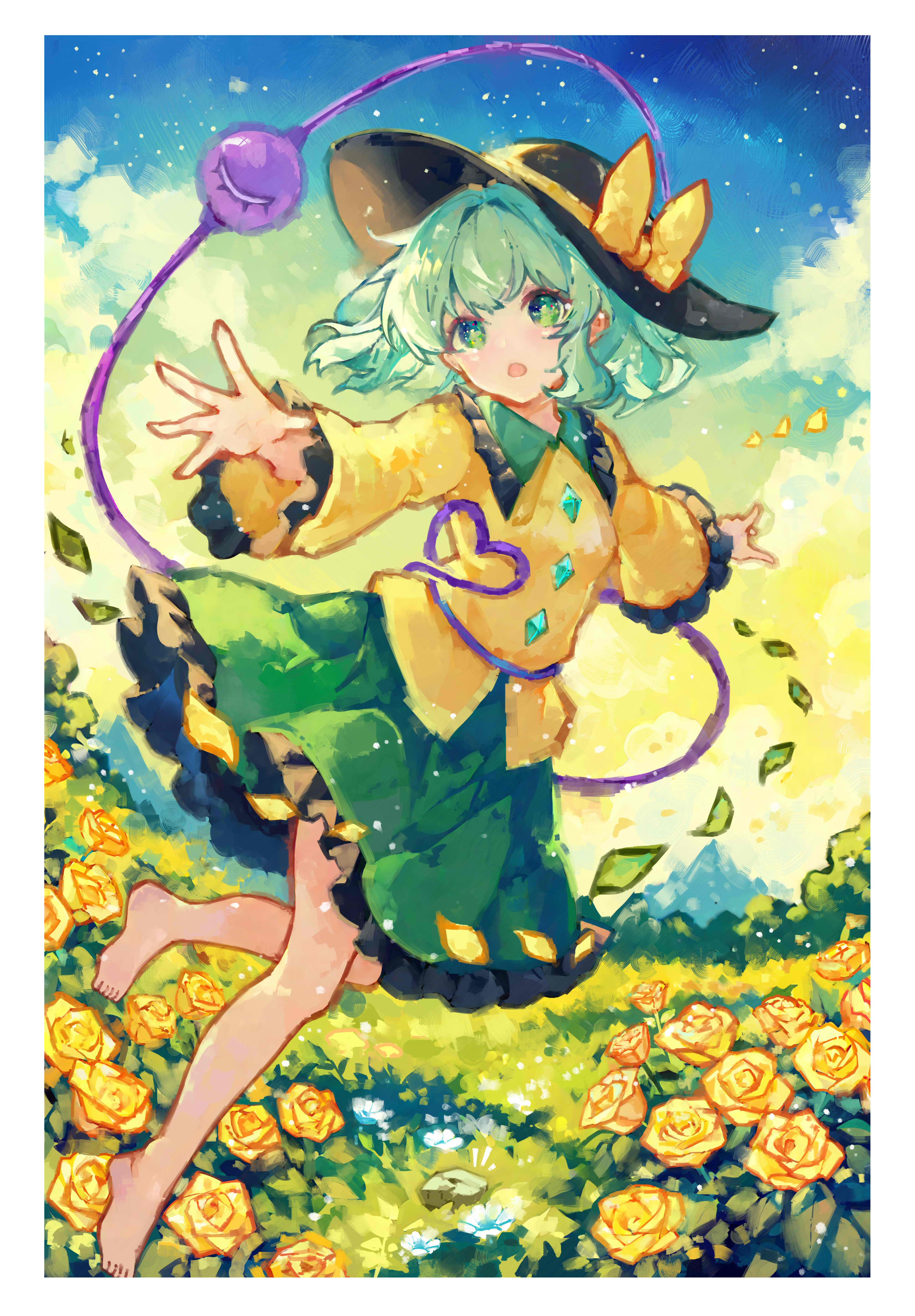 kozawa kazahana, komeiji koishi, touhou, absurdres, chinese commentary, commentary request, highres, barefoot, black hat, border, bow, buttons, day, diamond button, flower, green eyes, green hair, green skirt, hat, hat bow, hat ribbon, leg up, looking at viewer, open mouth, outdoors, outstretched hand, ribbon, shirt, skirt, white border, yellow bow, yellow flower, yellow ribbon, yellow shirt