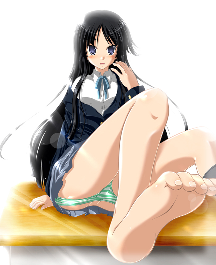 na! (na'mr), akiyama mio, k-on!, 00s, 1girl, artistic error, bad anatomy, bad feet, barefoot, black hair, blush, feet, female focus, long hair, panties, panty pull, poorly drawn, school uniform, single sock, socks, soles, solo, striped clothes, striped panties, toes, underwear