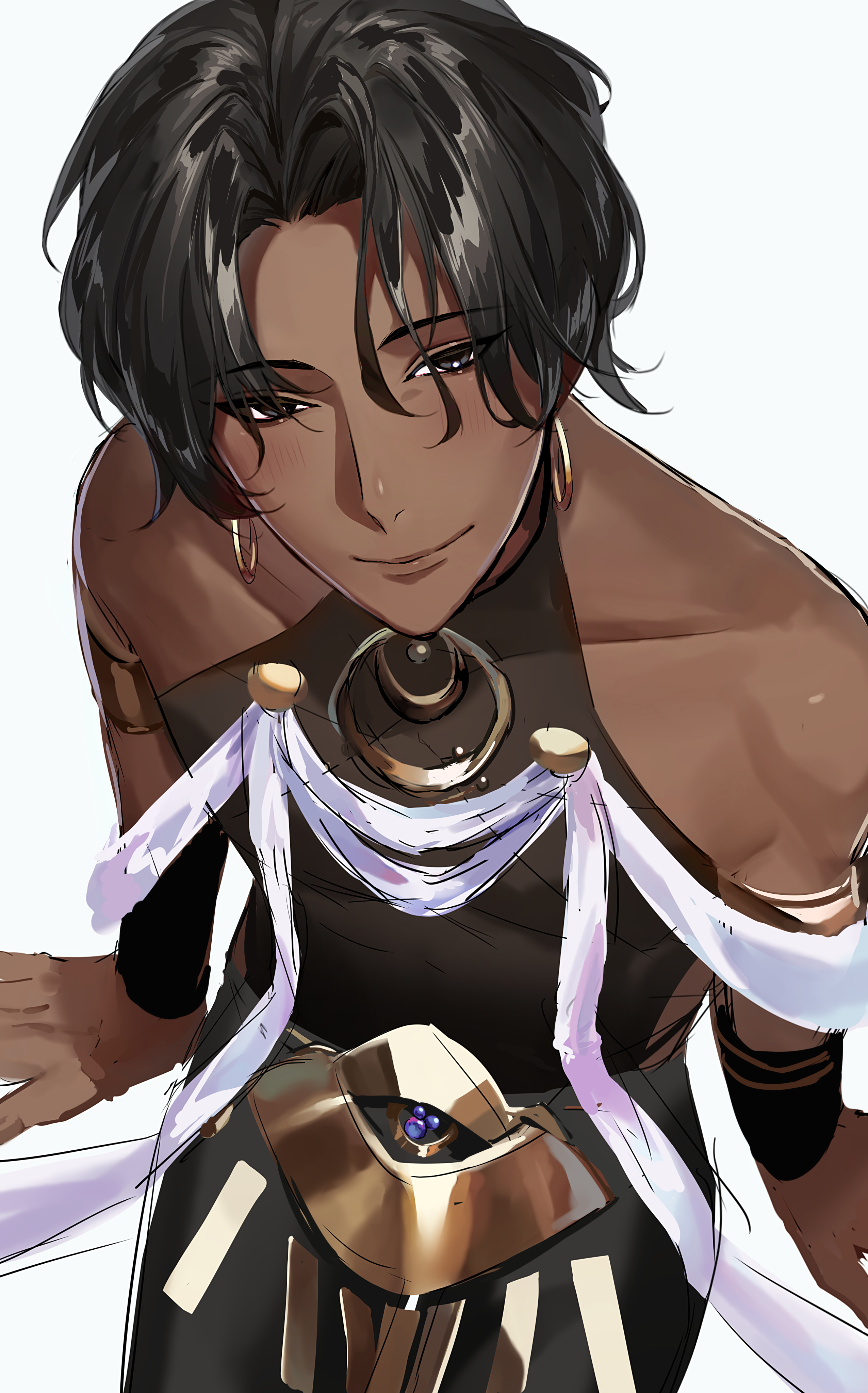 arjuna (celebratory attire) (fate), arjuna (fate), fate/grand order, fate (series), absurdres, highres, 1boy, black eyes, black hair, cowboy shot, dark-skinned male, dark skin, earrings, from above, halterneck, hoop earrings, jewelry, looking at viewer, male focus, parted bangs, simple background, sleeveless, smile, solo, suu 0611yi, wavy hair, white background