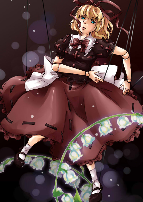 kunugi, medicine melancholy, touhou, bad id, bad pixiv id, 1girl, black background, blonde hair, blue eyes, doll joints, female focus, flower, full body, joints, plant, ribbon, short hair, solo