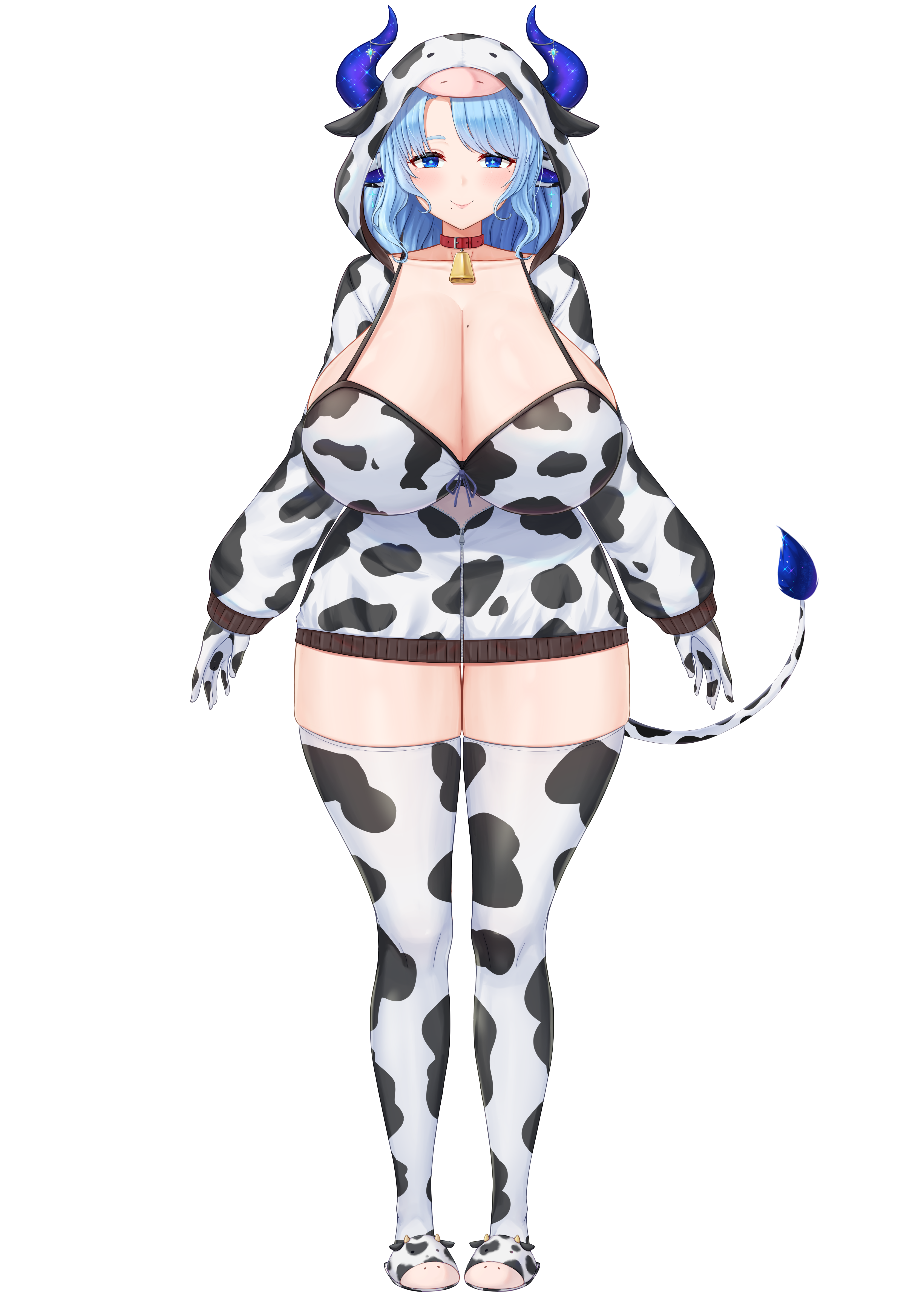 cream cod, miilkywayz, indie virtual youtuber, absurdres, highres, official art, 1girl, animal collar, animal ears, animal print, animal slippers, arms at sides, bell, blue eyes, blue hair, blue pupils, blush, breasts, bright pupils, closed mouth, collar, collarbone, cow ears, cow girl, cow horns, cow print, cow print gloves, cow print jacket, cow print thighhighs, cow tail, cowbell, dot nose, full body, gloves, horn ornament, horns, huge breasts, jacket, lips, long sleeves, looking at viewer, mole, mole under eye, mole under mouth, parted bangs, partially unzipped, print gloves, print jacket, print thighhighs, purple horns, red collar, sidelocks, slippers, solo, standing, star-shaped pupils, star (symbol), straight-on, symbol-shaped pupils, tachi-e, tail, tareme, thighhighs, transparent background, virtual youtuber, wide hips, zipper, zipper pull tab