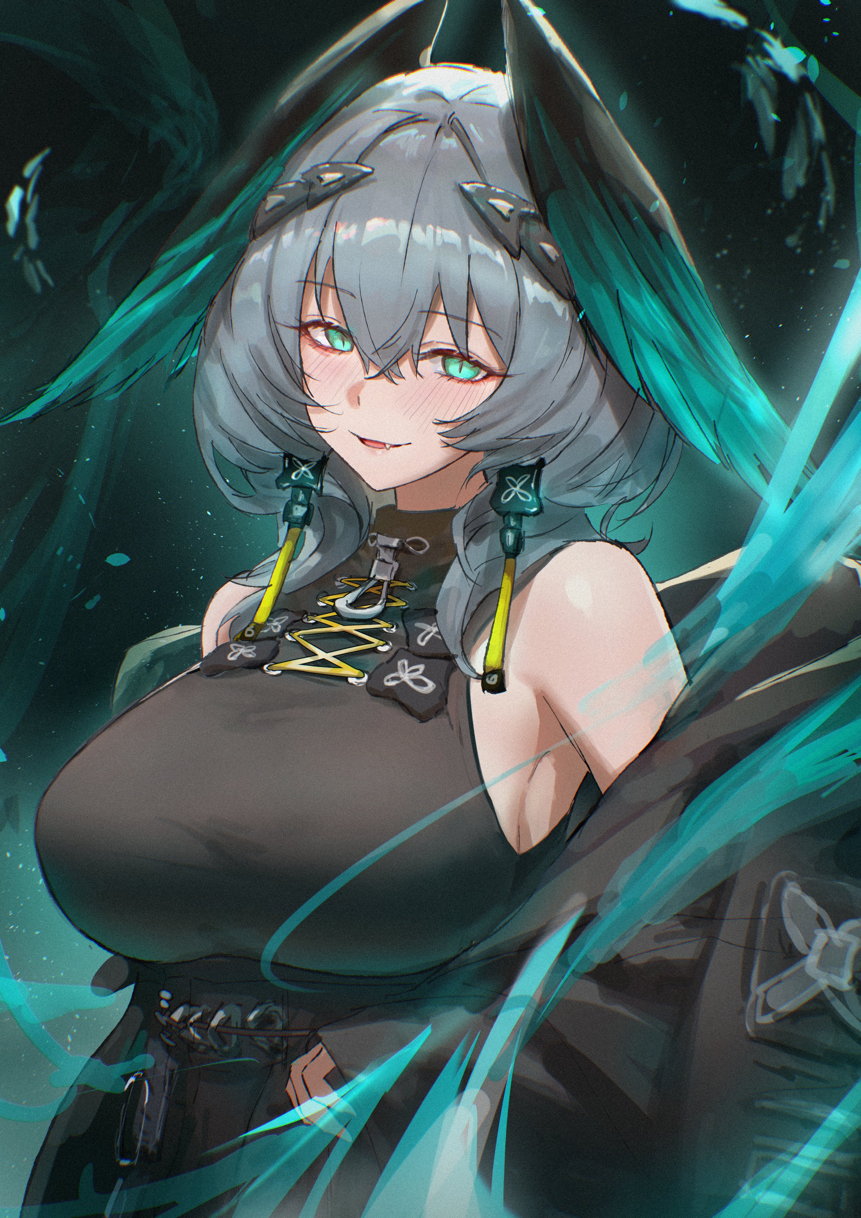 uof, ho'olheyak (arknights), arknights, absurdres, highres, 1girl, aqua background, aqua eyes, aqua wings, bare shoulders, black background, black coat, black shirt, black wings, blush, breasts, coat, earrings, fang, gradient wings, grey hair, hair between eyes, head wings, ho'olheyak (ritual of immortality) (arknights), huge breasts, jewelry, long hair, looking at viewer, multicolored wings, off shoulder, official alternate costume, open clothes, open coat, parted lips, shirt, simple background, sleeveless, sleeveless shirt, two-tone wings, upper body, wings