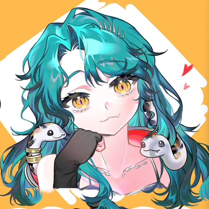 hissabeth, reverse:1999, 1girl, :3, baizangze, bare shoulders, black gloves, blue hair, border, cropped torso, fang, fingerless gloves, gloves, hand on own cheek, hand on own face, hand up, head tilt, heart, long hair, looking at viewer, outside border, portrait, skin fang, slit pupils, snake, snake on head, solo, spaghetti strap, white background, yellow border, yellow eyes