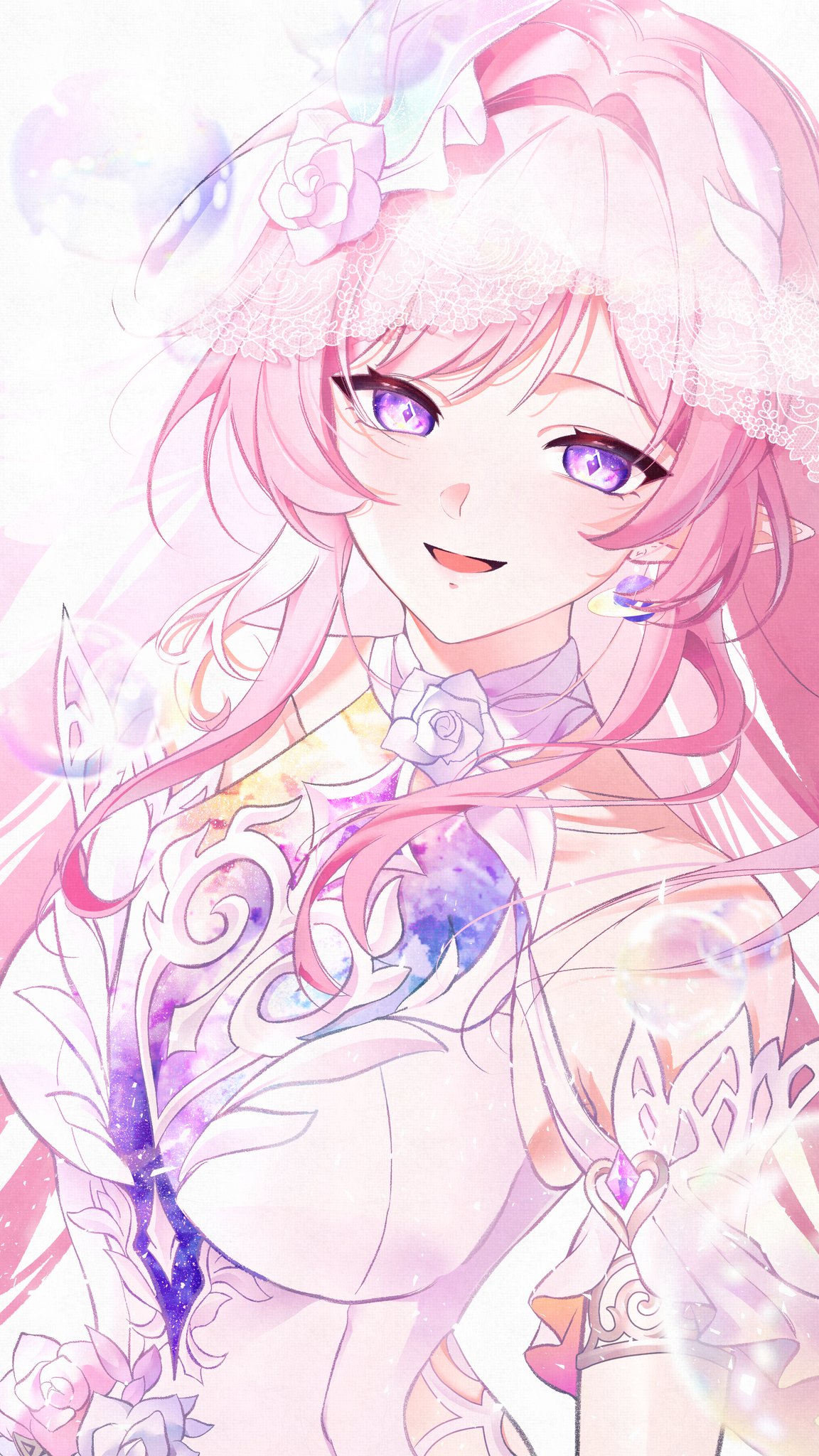 cyrene (honkai: star rail), cyrene (ripples of past reverie) (honkai: star rail), honkai: star rail, honkai (series), commentary, highres, 1girl, bare shoulders, breasts, bridal veil, diamond-shaped pupils, diamond (shape), dress, earrings, flower, hair flower, hair ornament, jewelry, large breasts, long hair, looking at viewer, nalgea, parted lips, pink hair, pointy ears, purple eyes, simple background, smile, solo, symbol-shaped pupils, upper body, veil, very long hair, white background, white dress