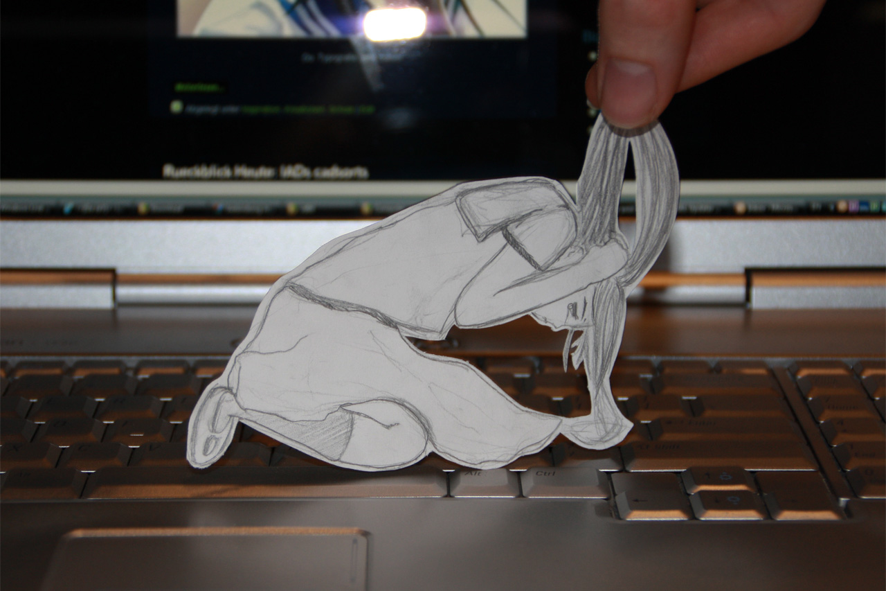 papercraft (medium), photo (medium), unconventional media, 1girl, bad anatomy, computer, computer keyboard, long hair, paper child, poorly drawn, solo focus, tears