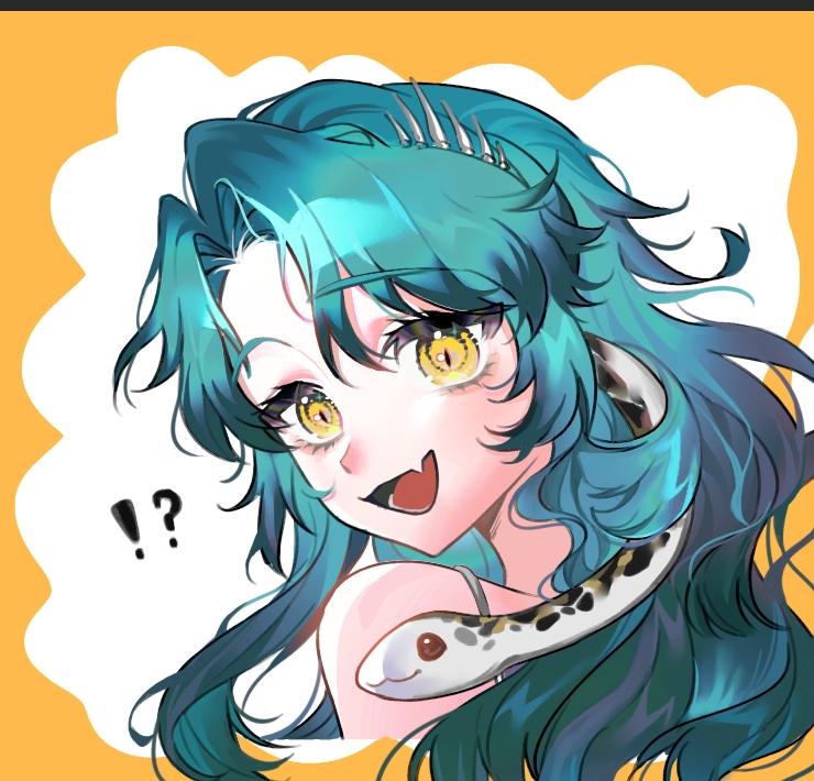 hissabeth, reverse:1999, !?, 1girl, :d, baizangze, bare shoulders, blue hair, border, cropped torso, fang, from side, long hair, looking at viewer, open mouth, outside border, portrait, skin fang, slit pupils, smile, snake, snake on head, solo, turning head, white background, yellow border, yellow eyes