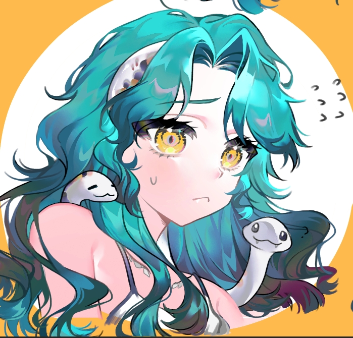 hissabeth, reverse:1999, 1girl, :<, baizangze, bare shoulders, blue hair, border, cropped torso, flying sweatdrops, long hair, looking at viewer, outside border, portrait, slit pupils, snake, snake on head, solo, spaghetti strap, sweat, white background, yellow border, yellow eyes