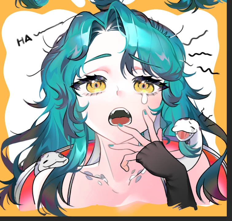hissabeth, reverse:1999, 1girl, baizangze, bare shoulders, black gloves, blue hair, border, cropped torso, fingerless gloves, gloves, hand up, long hair, looking at viewer, open mouth, outside border, portrait, shout lines, slit pupils, snake, snake on head, solo, spaghetti strap, tearing up, teeth, white background, yawning, yellow border, yellow eyes