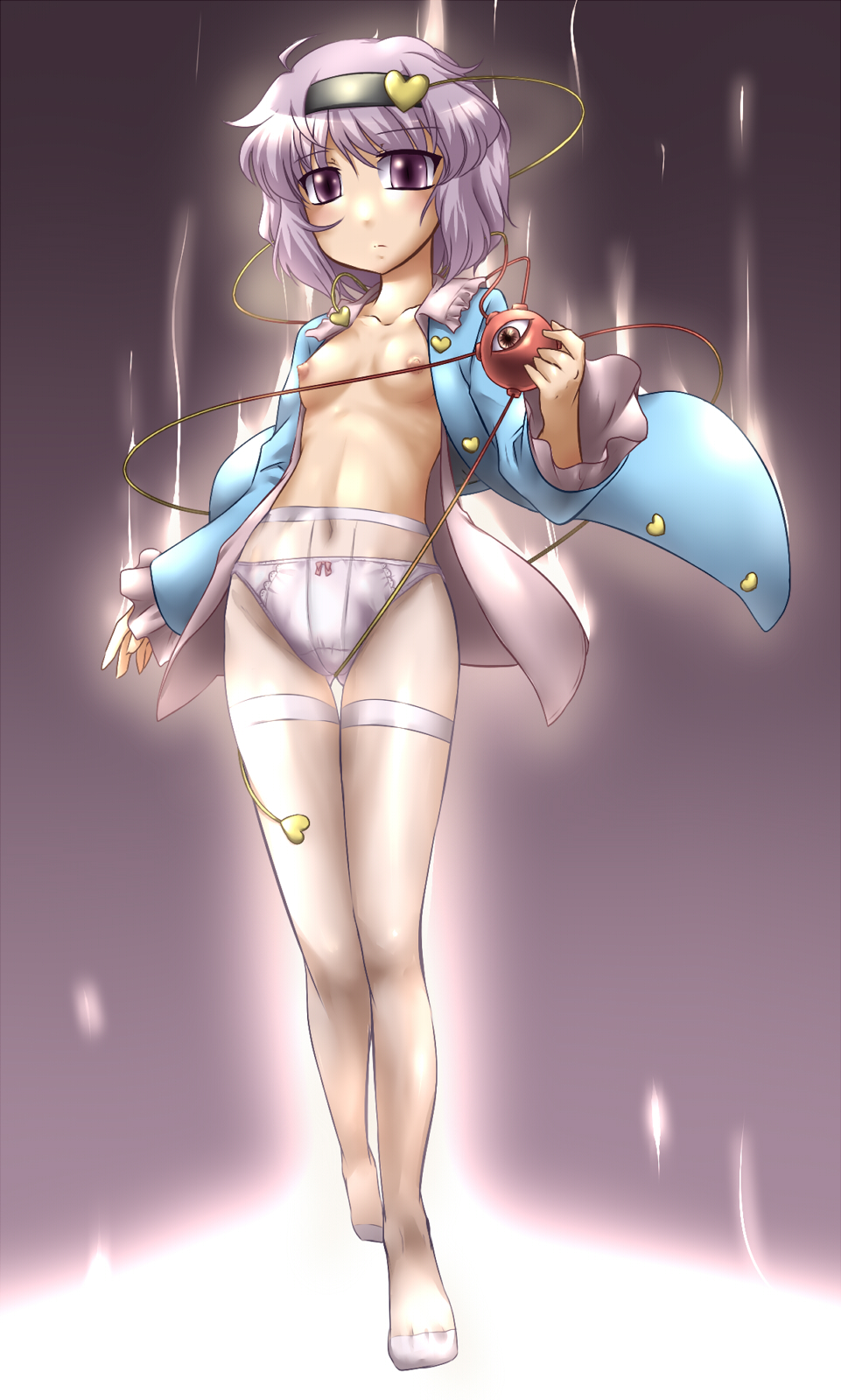 yoshi tama, komeiji satori, touhou, highres, 1girl, breasts, female focus, hairband, jacket, open clothes, open jacket, open shirt, panties, panties under pantyhose, pantyhose, purple eyes, purple hair, shirt, solo, thighband pantyhose, underwear, white pantyhose