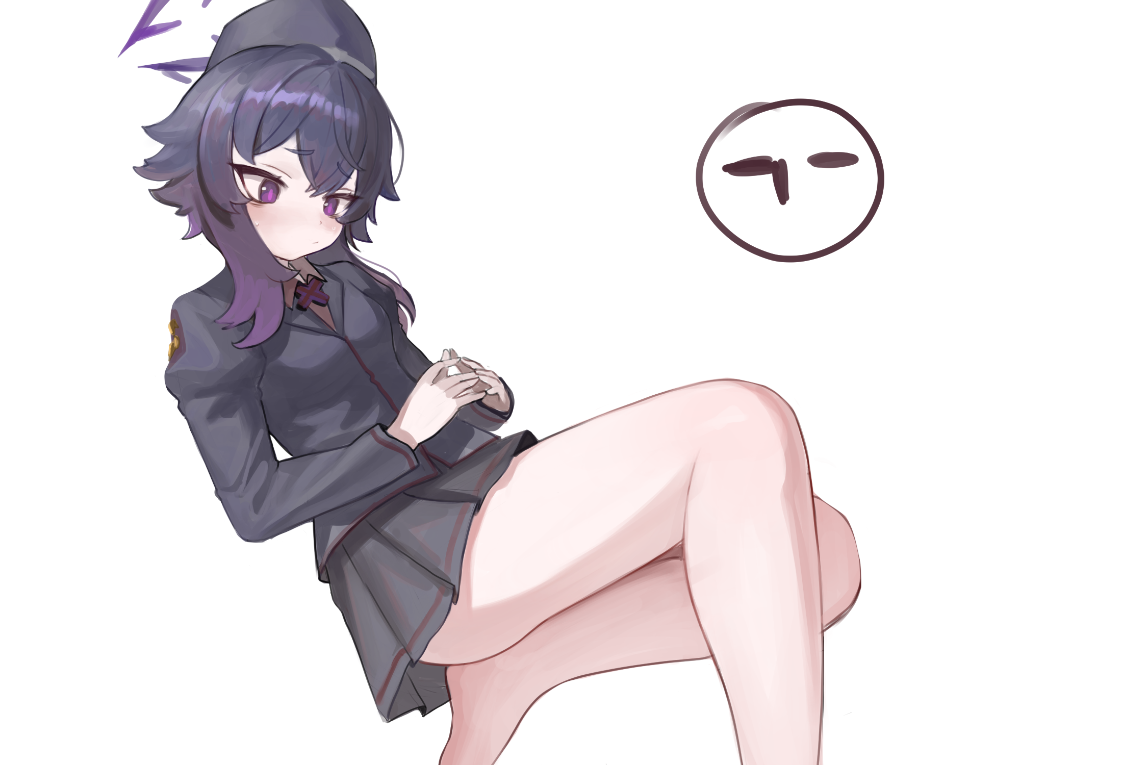 dokomon, haruka (blue archive), blue archive, commentary, english commentary, highres, 1girl, black skirt, garrison cap, halo, hat, pleated skirt, purple eyes, purple hair, simple background, skirt, solo, white background