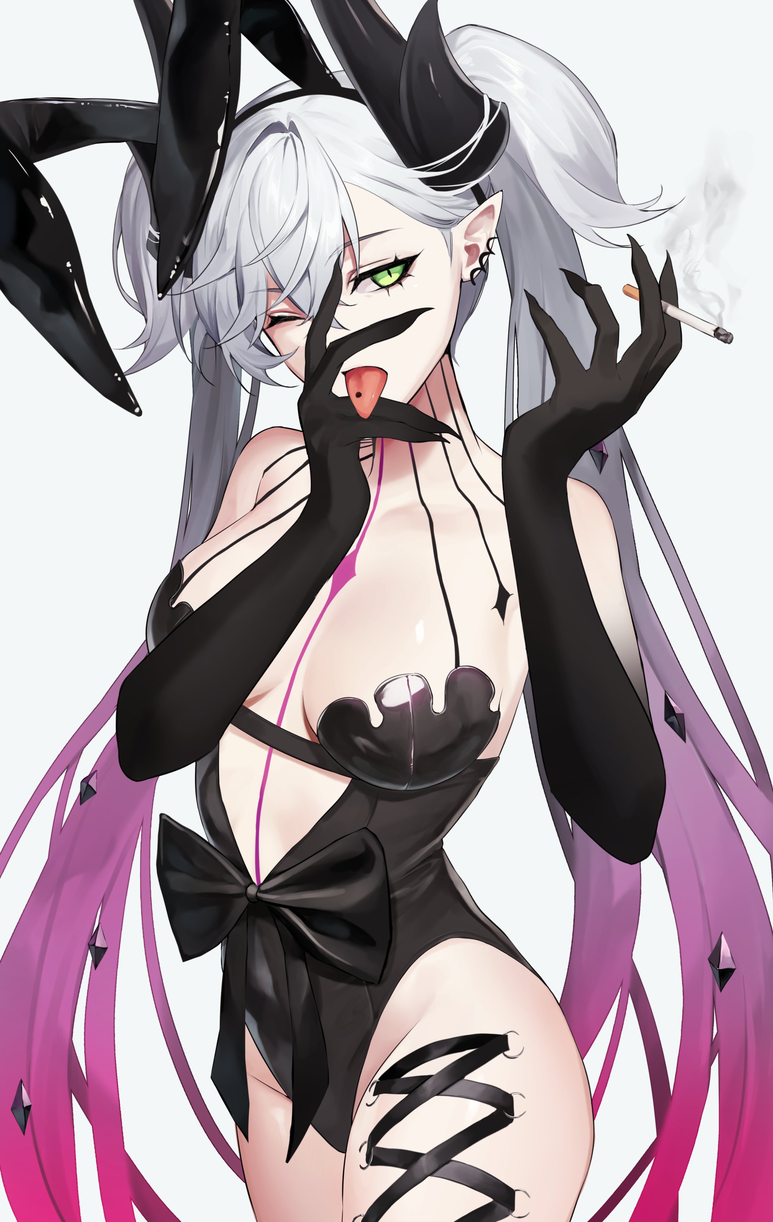 lilith (fate), fate/grand order, fate (series), absurdres, highres, 1girl, animal ear hairband, animal ears, black hands, black leotard, body markings, breasts, cigarette, colored extremities, cowboy shot, crossed bangs, demon girl, demon horns, ear piercing, fake animal ears, gradient hair, green eyes, grey hair, hair around horn, hair between eyes, hair ornament, hairband, hand on own face, highleg, highleg leotard, holding, holding cigarette, horns, leg piercing, leotard, long hair, looking at viewer, multicolored hair, one eye closed, piercing, pink hair, playboy bunny, pointy ears, rabbit ears, ribbon, simple background, smoke, smoking, solo, strapless, strapless leotard, suu 0611yi, tattoo between breasts, tongue, tongue out, tongue piercing, twintails, very long hair, white background