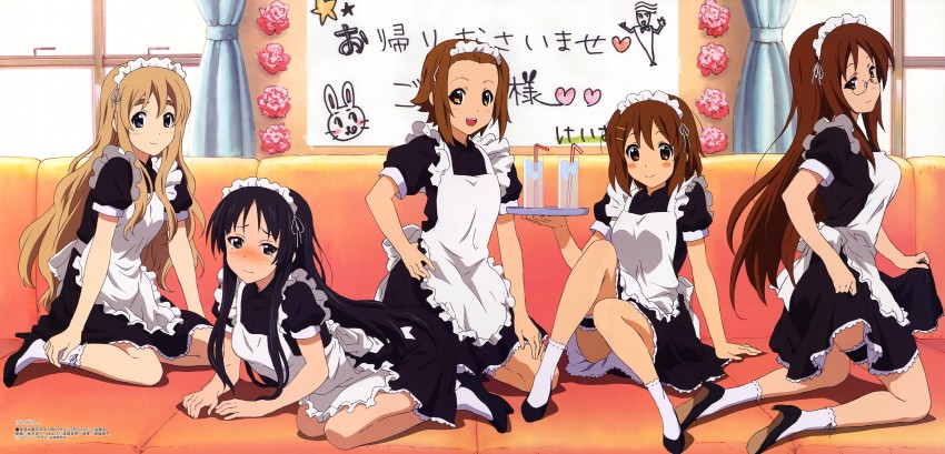 akitake seiichi, akiyama mio, hirasawa yui, kotobuki tsumugi, tainaka ritsu, yamanaka sawako, k-on!, megami magazine, garters, official art, 5girls, alternate costume, apron, black eyes, black hair, blonde hair, blush, brown eyes, enmaided, glasses, high heels, maid, multiple girls, shoes, short hair, smile, socks, tears, tray