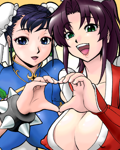 fjt (fjym2), fjym2, chun-li, shiranui mai, capcom, fatal fury, snk, street fighter, the king of fighters, bad id, bad pixiv id, lowres, 2girls, breasts, bun cover, cleavage, covered erect nipples, crossover, double bun, green eyes, heart, heart hands, heart hands duo, huge breasts, large breasts, multiple girls