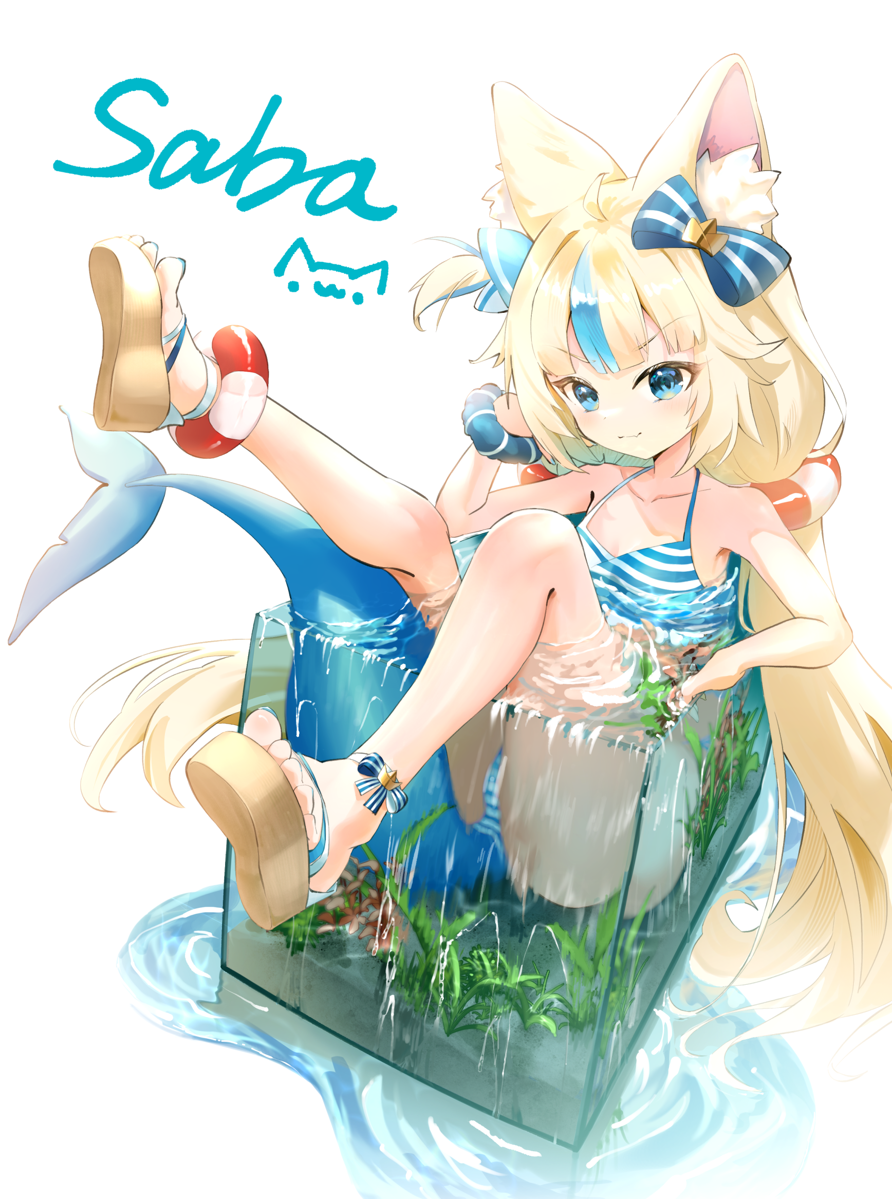 changlincl, sameko saba, indie virtual youtuber, commentary, highres, 1girl, ahoge, animal ear fluff, animal ears, bare legs, bare shoulders, bikini, blonde hair, blue bikini, blue bow, blue eyes, blue hair, blue nails, blunt bangs, bow, cat ears, character name, closed mouth, fins, fish tail, fish tank, full body, hair bow, in container, lifebuoy hair ornament, long hair, looking at viewer, multicolored bikini, multicolored hair, nail polish, overflowing, sandals, simple background, smile, solo, streaked hair, striped bikini, striped clothes, swimsuit, tail, toenail polish, toenails, toes, two-tone background, two-tone bikini, very long hair, virtual youtuber, water, white background