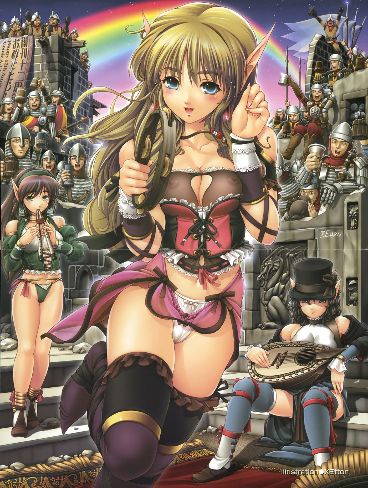 xetton, highres, 3girls, 6+boys, armor, bare shoulders, beer mug, black hair, blonde hair, blue eyes, blush, breasts, brown hair, cameltoe, chainmail, cleavage, cleavage cutout, clothing cutout, cup, drunk, elf, flag, flute, frills, front-tie top, green eyes, hat, instrument, long hair, lute (instrument), medium breasts, midriff, mug, multiple boys, multiple girls, navel, nipples, open mouth, outdoors, panties, party, pointy ears, rainbow, see-through clothes, short hair, smile, soldier, tambourine, thighhighs, top hat, underwear, wavy hair