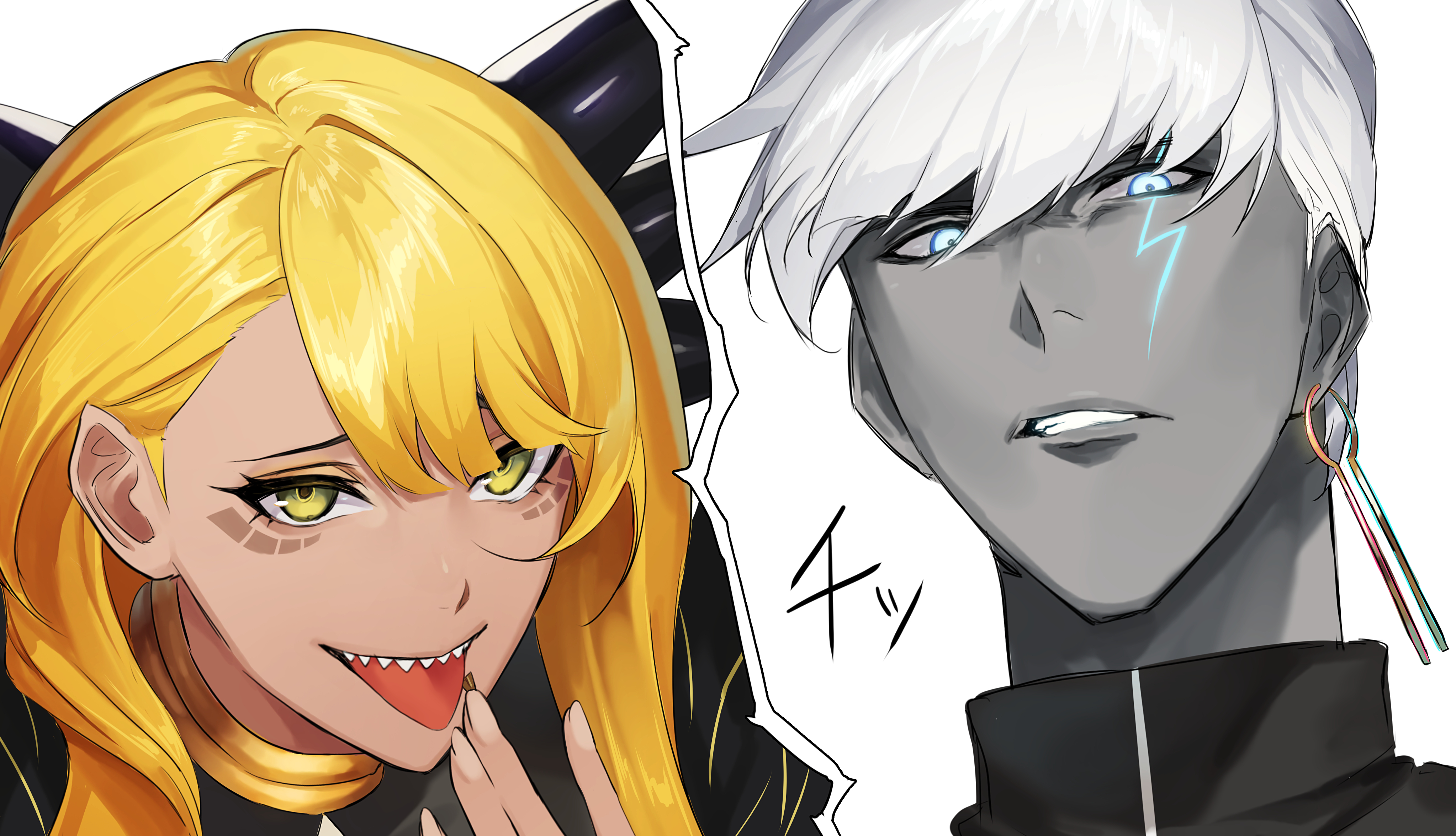 indra (fate), vritra (fate), fate/grand order, fate (series), absurdres, highres, 1boy, 1girl, angry, blonde hair, blue eyes, clenched teeth, colored skin, dark-skinned female, dark-skinned male, dark skin, dragon girl, dragon horns, earrings, facial mark, grey skin, horns, jewelry, lightning bolt facial mark, long hair, open mouth, pointy ears, portrait, sharp teeth, short hair, side labret piercing, simple background, smile, split screen, suu 0611yi, teeth, tongue, tongue out, white background, white hair, yellow eyes