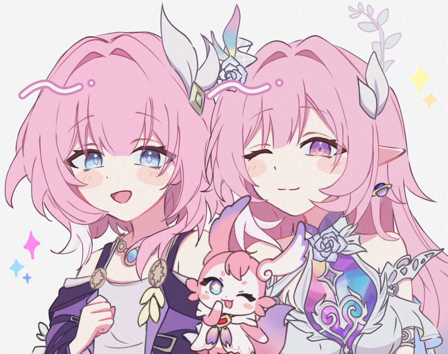 cyrene (honkai: star rail), cyrene (ripples of past reverie) (honkai: star rail), mem (honkai: star rail), honkai: star rail, honkai (series), hashtag-only commentary, highres, ;), bare shoulders, blue eyes, breasts, coat, cyrene (aedes elysiae) (honkai: star rail), diamond-shaped pupils, diamond (shape), dress, dual persona, earrings, flower, hair flower, hair intakes, hair ornament, halo, ine6ri c5, jewelry, long hair, medium breasts, multicolored hair, one eye closed, pink hair, pointy ears, purple coat, purple eyes, short hair, small breasts, smile, star-shaped pupils, star (symbol), symbol-shaped pupils, two-tone hair, upper body, very long hair, white dress, white hair