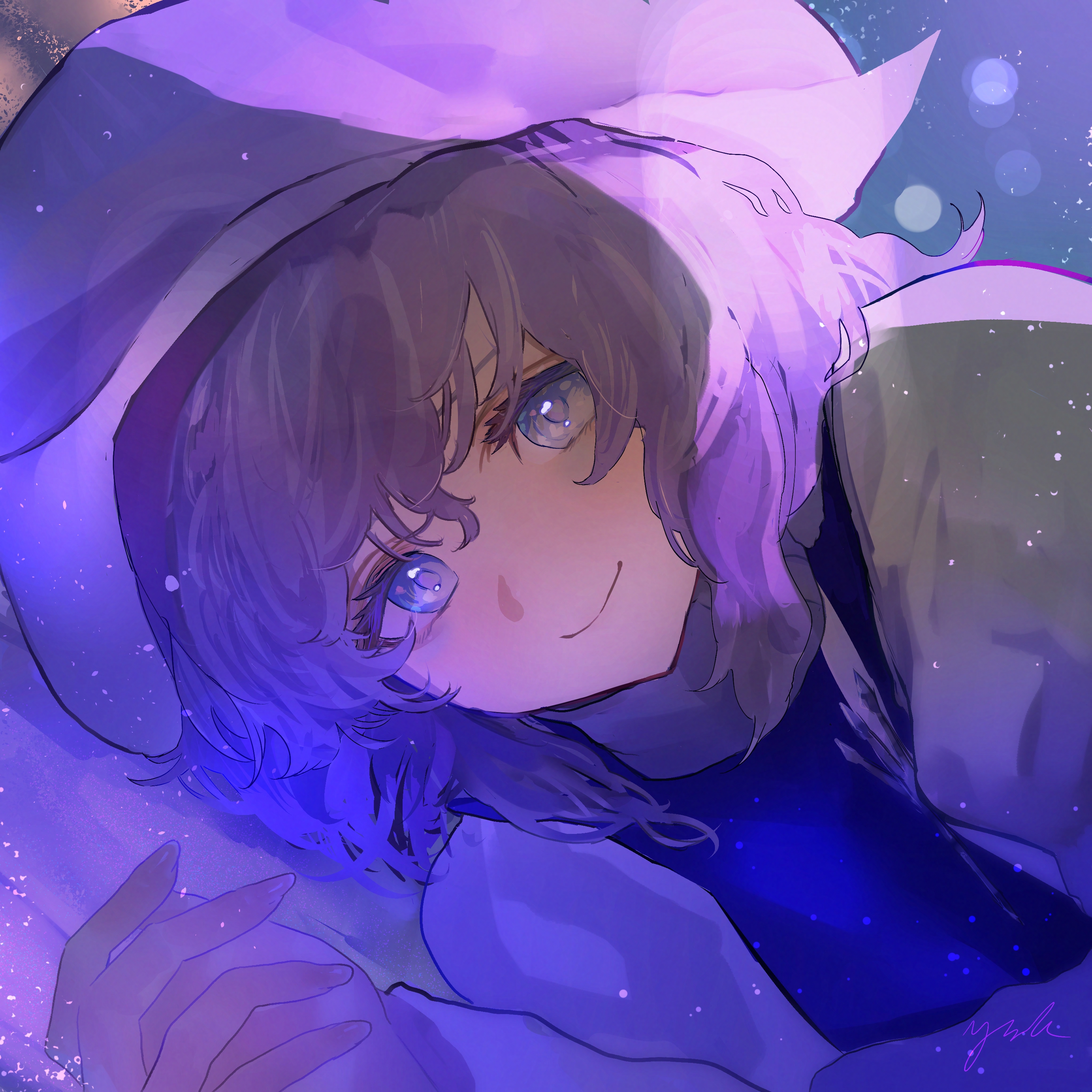 eneshi, letty whiterock, touhou, absurdres, commentary, highres, 1girl, blush, looking at viewer, lying, on side, pink hair, purple vest, shirt, signature, smile, solo, upper body, vest, white shirt