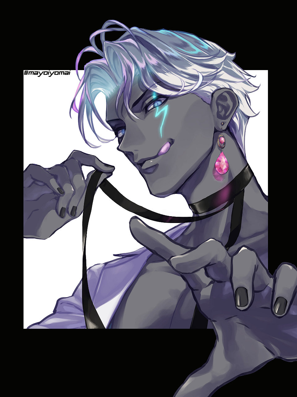 indra (fate), fate/grand order, fate (series), highres, 1boy, :q, black choker, black nails, blue eyes, choker, colored skin, dark-skinned male, dark skin, earrings, grey skin, jewelry, licking lips, lightning bolt facial mark, looking at viewer, male focus, mayoiyomai, shirt, short hair, simple background, smile, solo, tongue, tongue out, upper body, white background, white hair