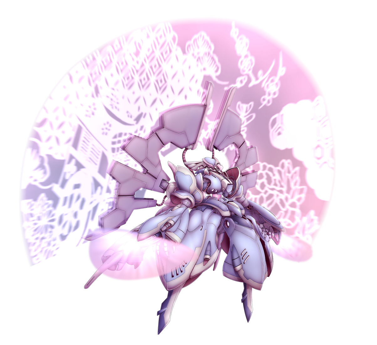 nekoguruma, neo granzon, saigyouji yuyuko, super robot wars, touhou, armor, female focus, helmet, machinery, mecha, mechanization, no humans, robot, saigyouji yuyuko's fan design, solo, weapon