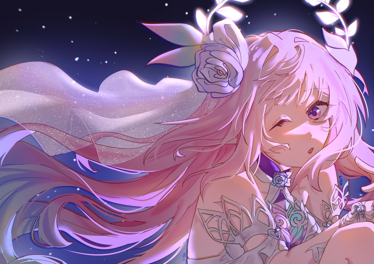 cyrene (honkai: star rail), cyrene (ripples of past reverie) (honkai: star rail), honkai: star rail, honkai (series), hashtag-only commentary, 1girl, ;o, alisans 24, bare shoulders, breasts, bridal veil, dress, flower, hair flower, hair ornament, halo, long hair, looking at viewer, medium breasts, night, night sky, one eye closed, outdoors, pink hair, purple eyes, sky, solo, star (sky), starry sky, veil, very long hair, white dress
