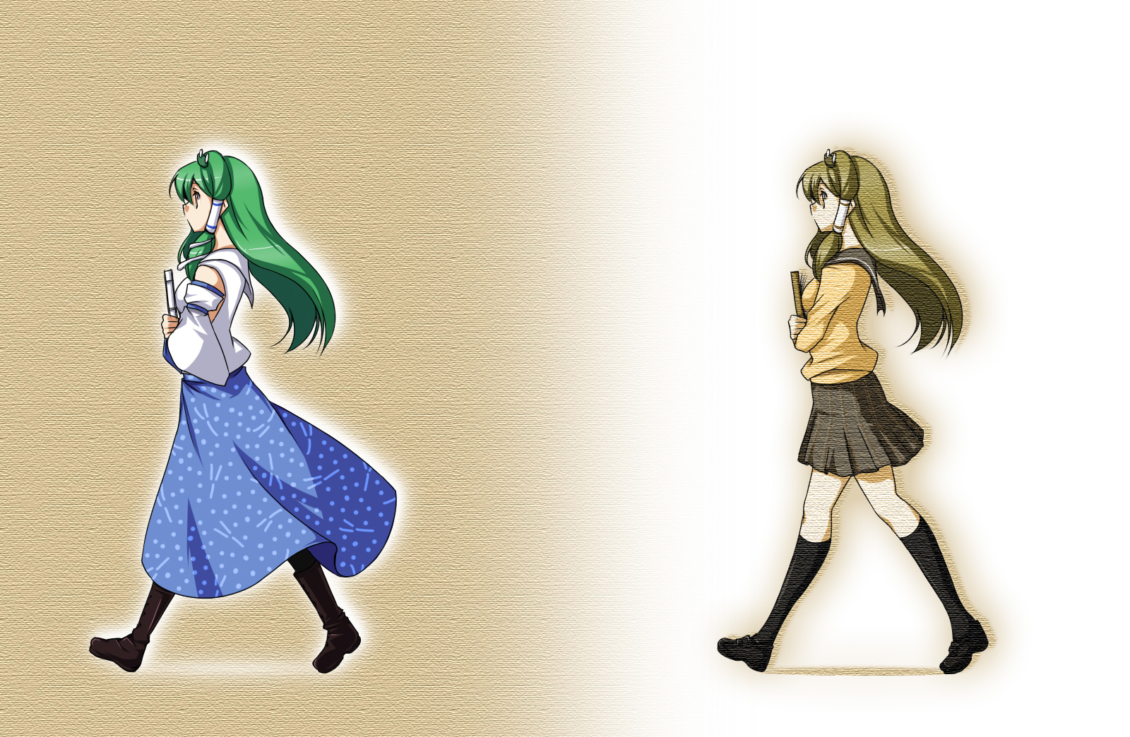 hirase yuu, kochiya sanae, touhou, highres, 2girls, alternate costume, detached sleeves, dual persona, female focus, green hair, long hair, multiple girls, pantyhose, school uniform, walking