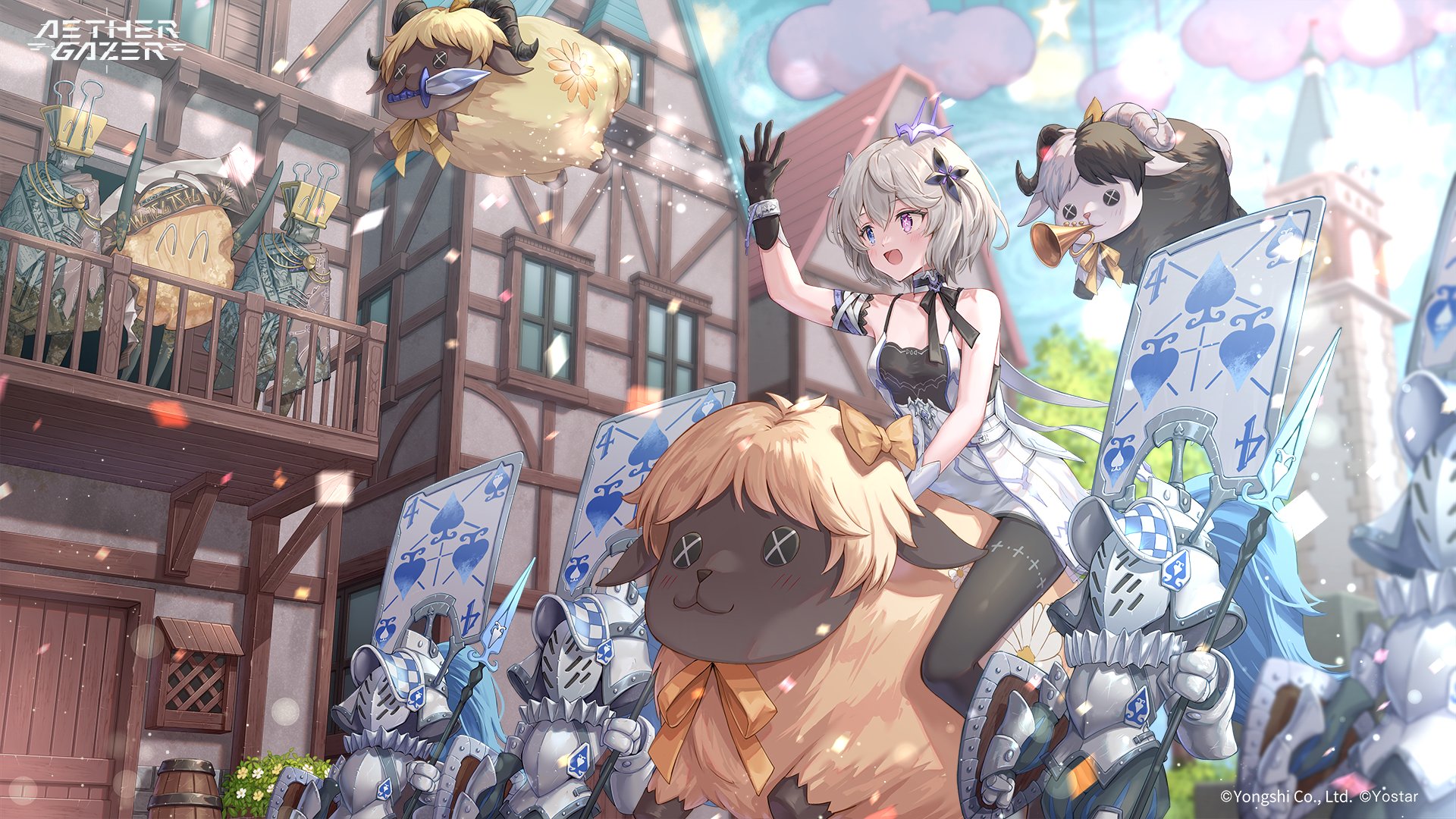 hirokazu (analysis-depth), oneiroi (aether gazer), aether gazer, highres, official art, second-party source, 1girl, barrel, black gloves, black pantyhose, blue eyes, bow, bugle, building, confetti, copyright logo, copyright notice, door, dress, four of spades, gloves, grey hair, hair ornament, heterochromia, holding, holding polearm, holding shield, holding weapon, instrument, knife in mouth, knight, logo, open mouth, pantyhose, polearm, purple eyes, riding, riding animal, shield, short hair, smile, spear, weapon, white dress, yellow bow